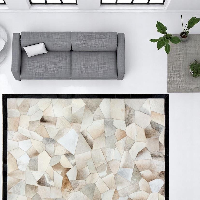 Cowhide Patchwork Rug, Brown Calfskin Floor Rug, Handmade Living Room Carpet