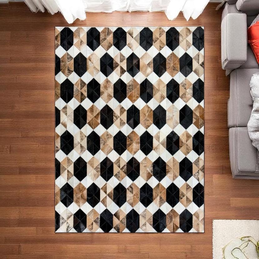 Cowhide Patchwork Rug, Brown Calfskin Floor Rug,