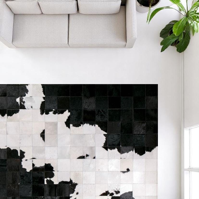 Black And White Large Area Rug Cowhide Area Rug, Genuine Calfskin Patchwork Carpet, Luxury Black Living Room Rug Custom Size Available