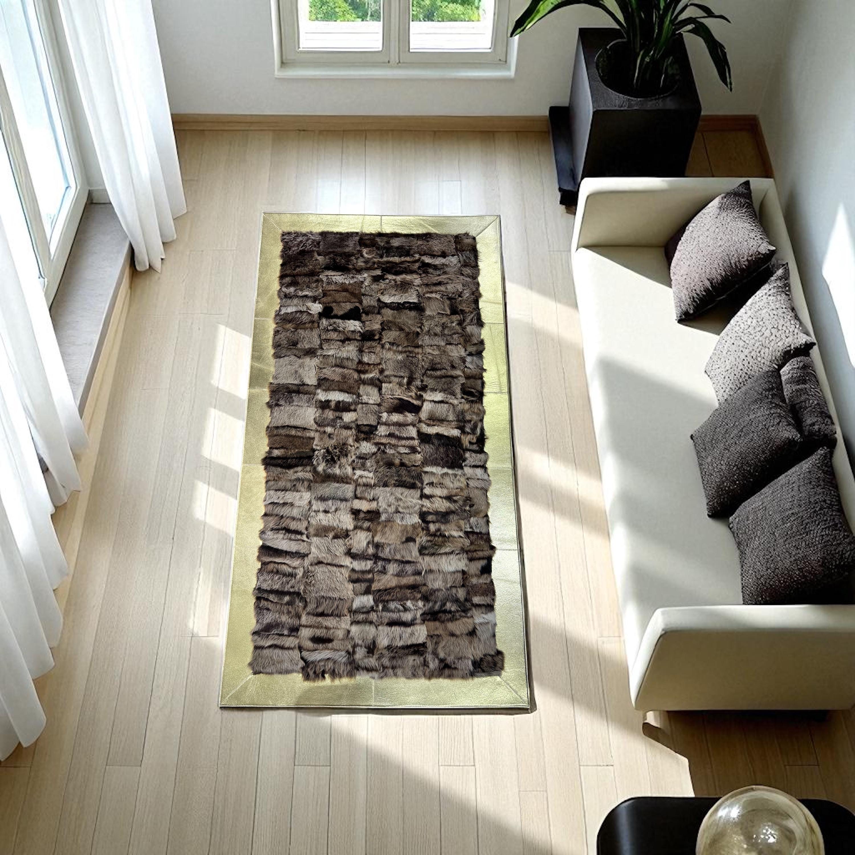 Sheepskin Patchwork Rug with Gold Border | Soft Brown Rectangular Area Rug | Luxury Handmade Fur Carpet | Cozy Natural Wool Decor