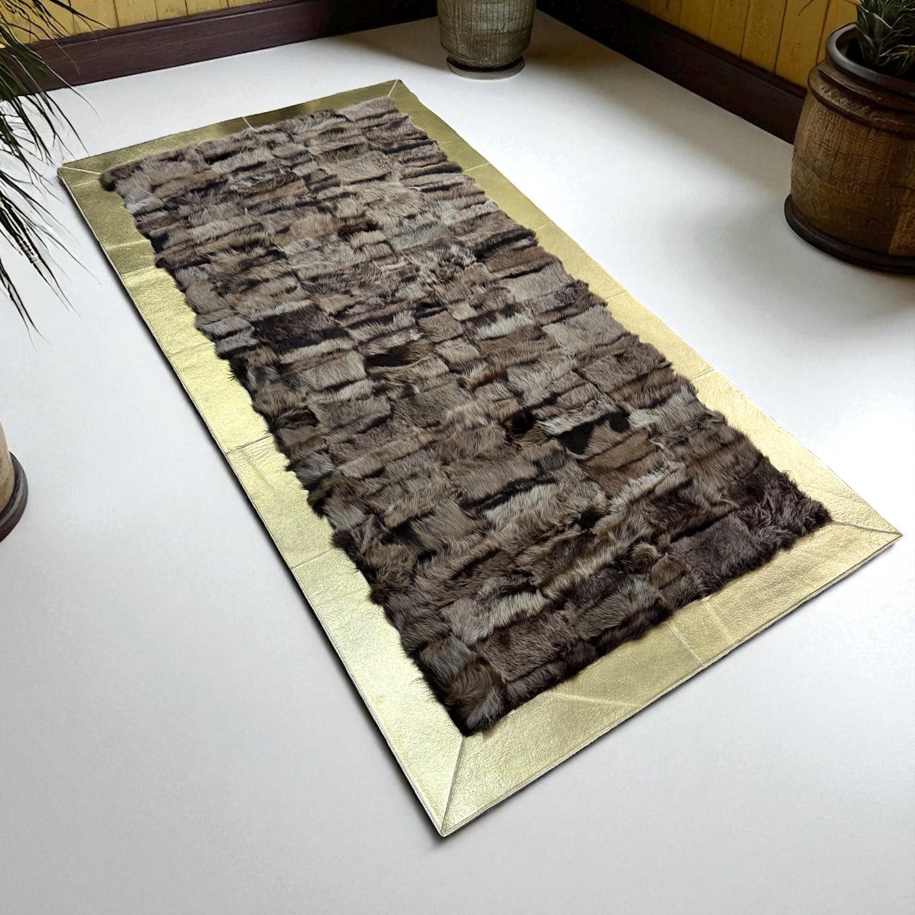 Sheepskin Patchwork Rug with Gold Border | Soft Brown Rectangular Area Rug | Luxury Handmade Fur Carpet | Cozy Natural Wool Decor