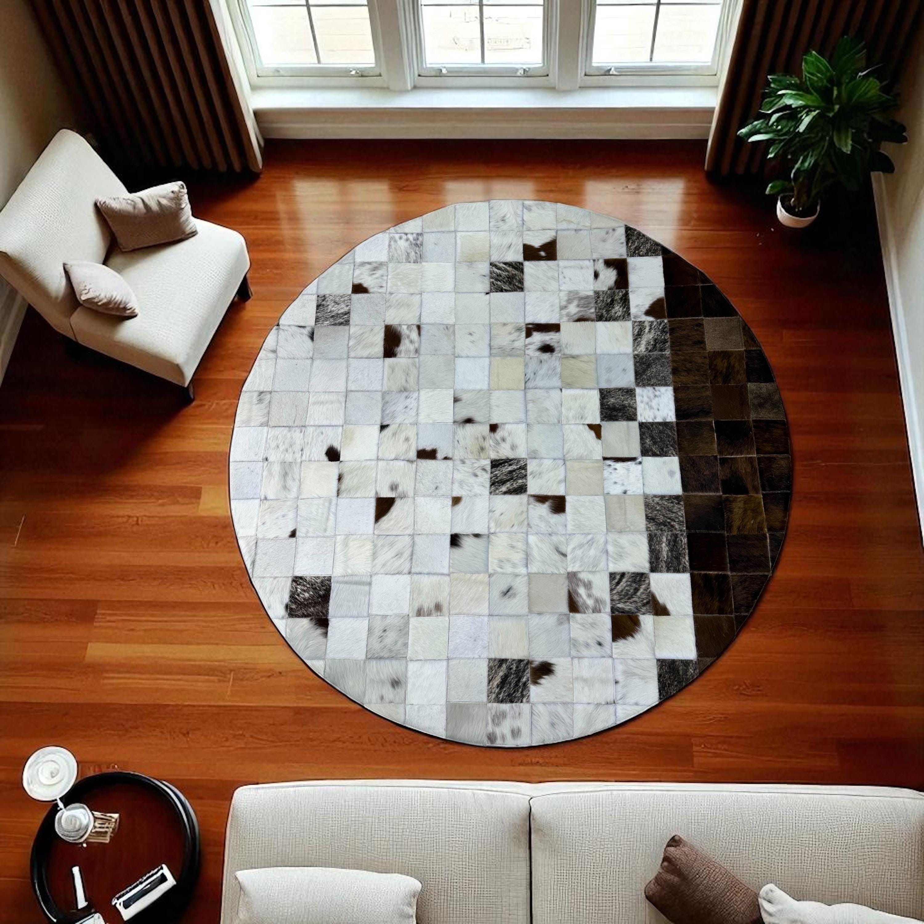 Round Cowhide Area Rug in Brown and White, Circular Patchwork Leather Carpet, Handmade Natural Hair on Hide Rug for Living Room Decor