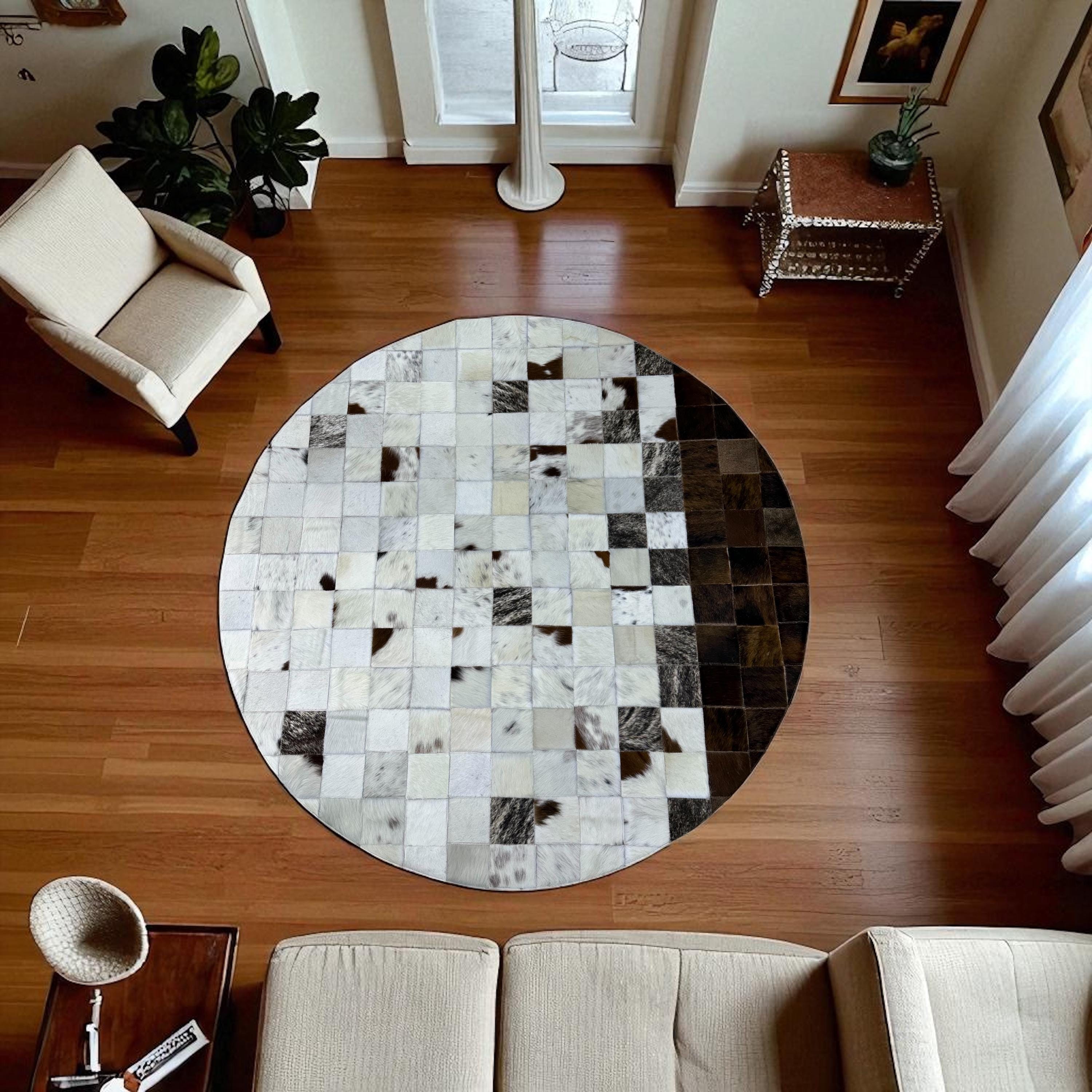 White Round Patchwork Cowhide Rug, Handmade Living Room Leather Carpet
