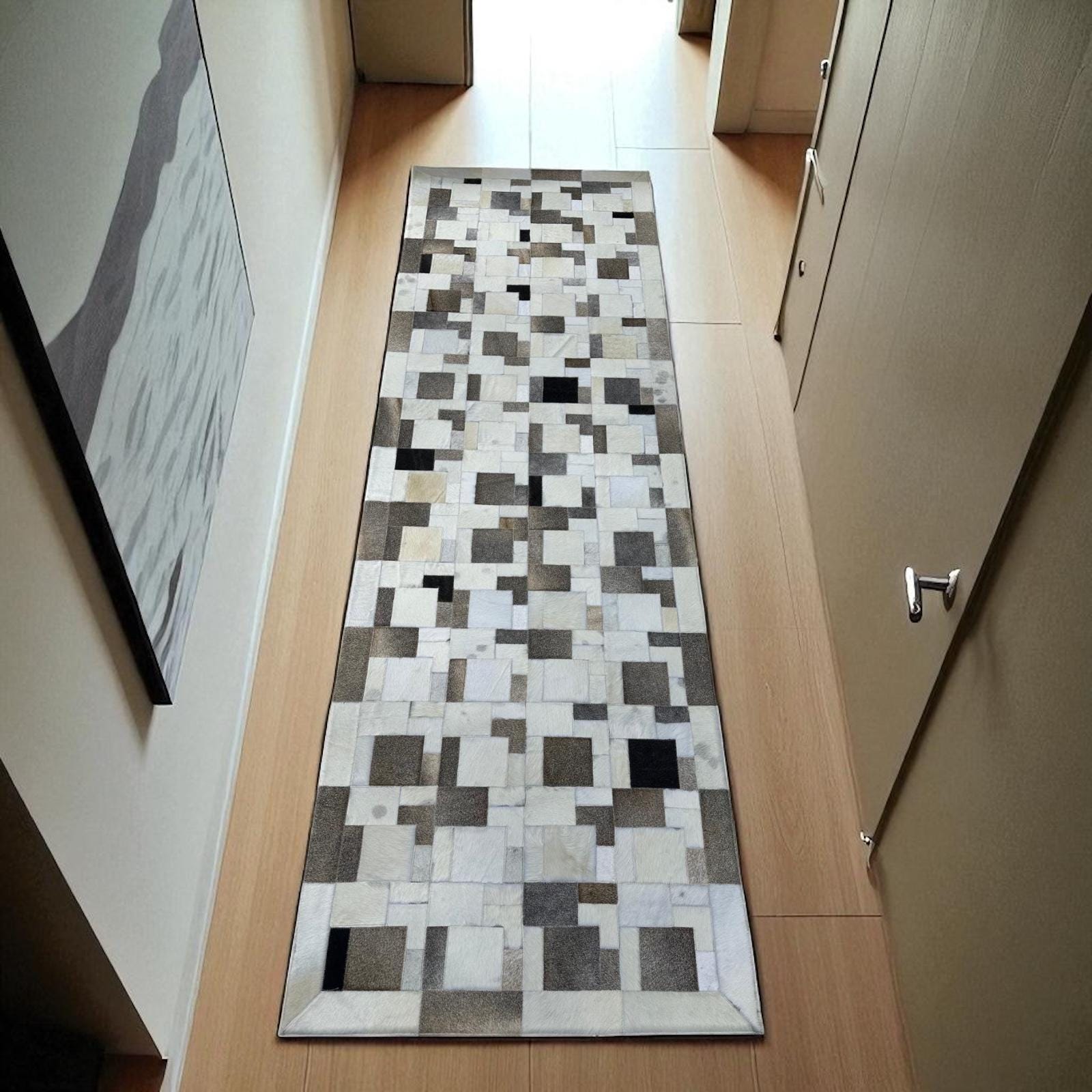 White Grey Cowhide Runner Rug, Patchwork Leather Carpet for Home Decor, Entryway or Hallway, Non-Slip Kitchen Rug, Custom Size Available