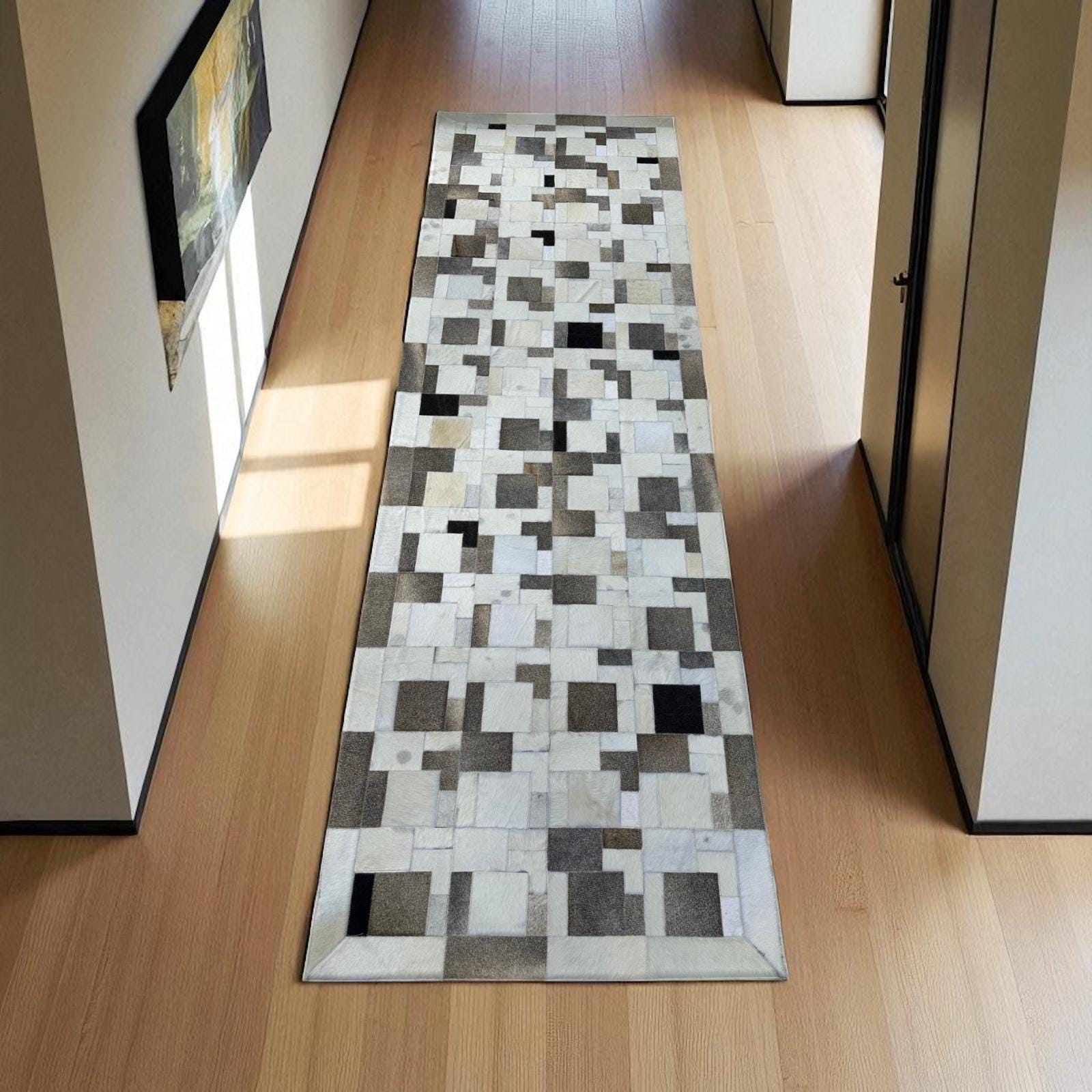 White Grey Cowhide Runner Rug, Patchwork Leather Carpet for Home Decor, Entryway or Hallway, Non-Slip Kitchen Rug, Custom Size Available