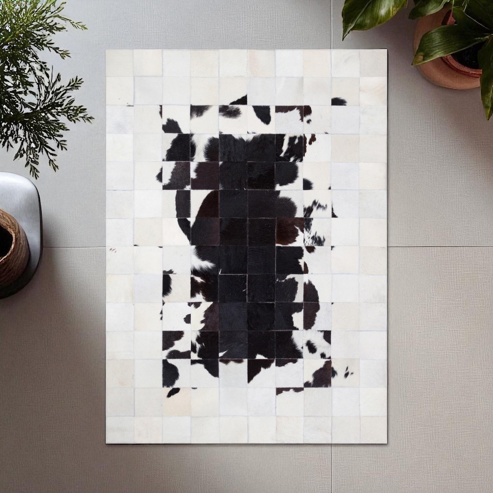 Black and White Cowhide Area Rug, Rectangular Hair on Hide Leather Carpet, Modern Patchwork Handmade Rug for Living Room and Bedroom