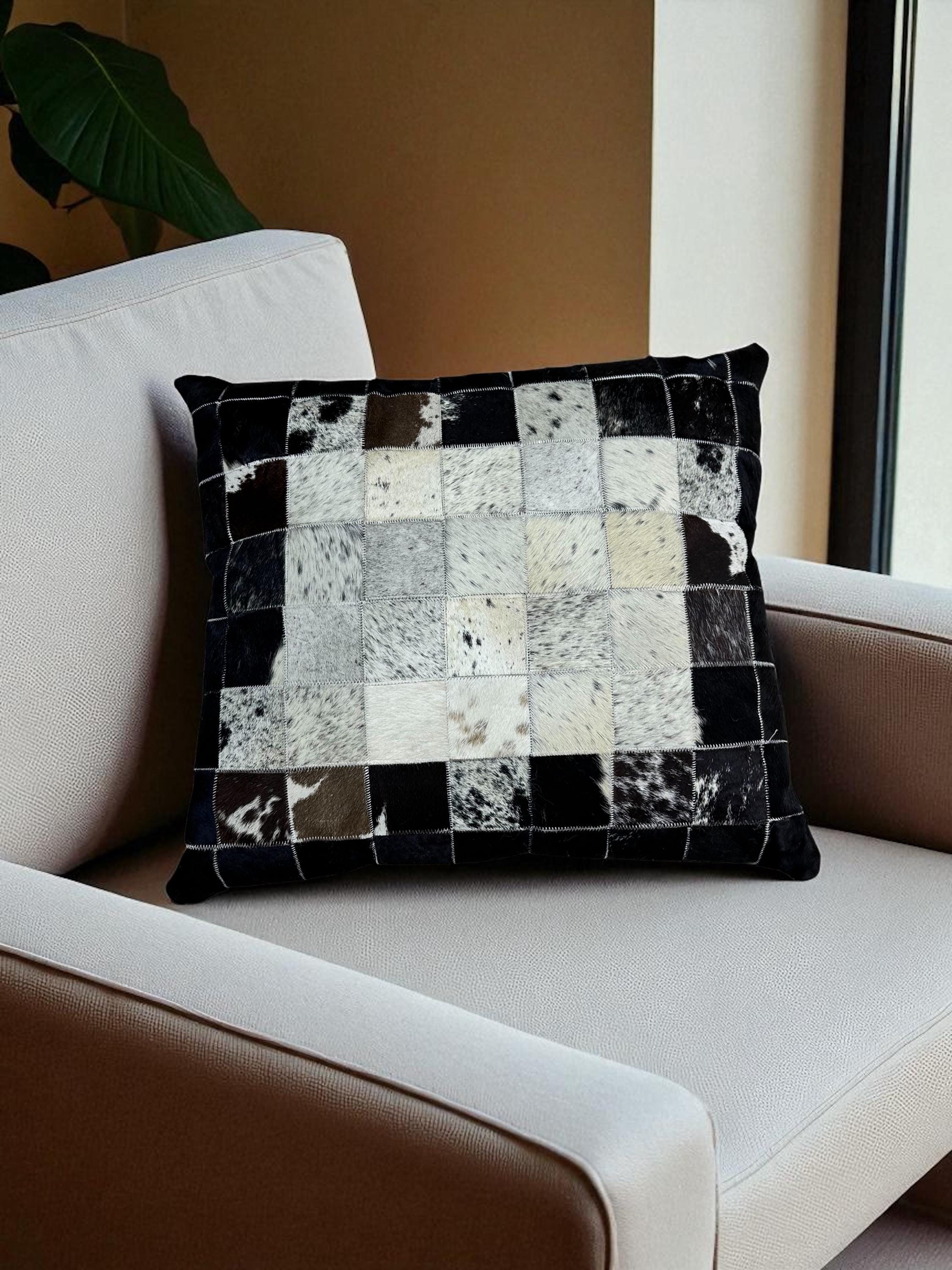 Black and White Cowhide Pillow Cover, Patchwork Hair on Hide Cushion Case, Rustic Leather Throw Pillow for Sofa, 20x20inch 50x50cm