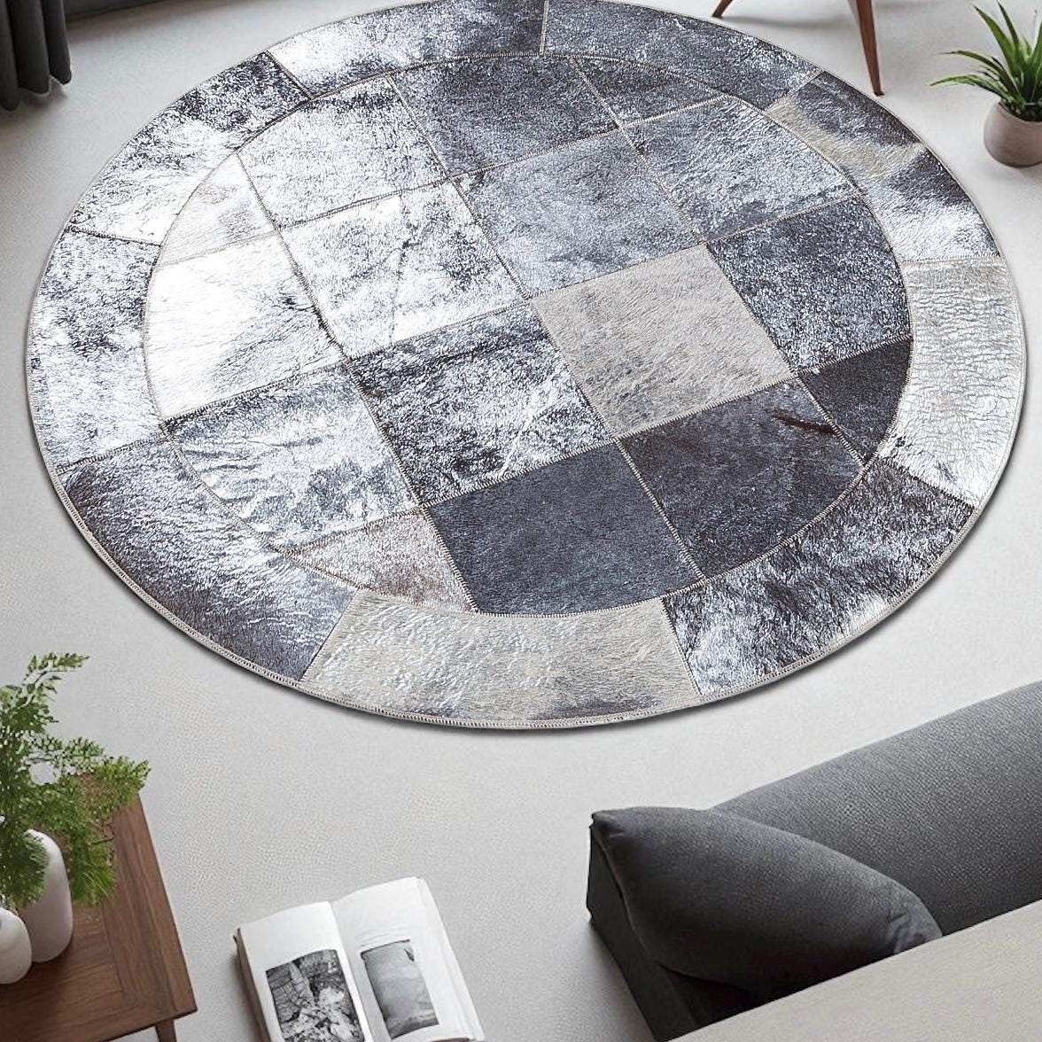 Modern Round Cowhide Area Rug in Silver and Grey, Handmade Patchwork Hair on Hide Leather Carpet, Circular Shiny Cow Skin Rug for Home Decor