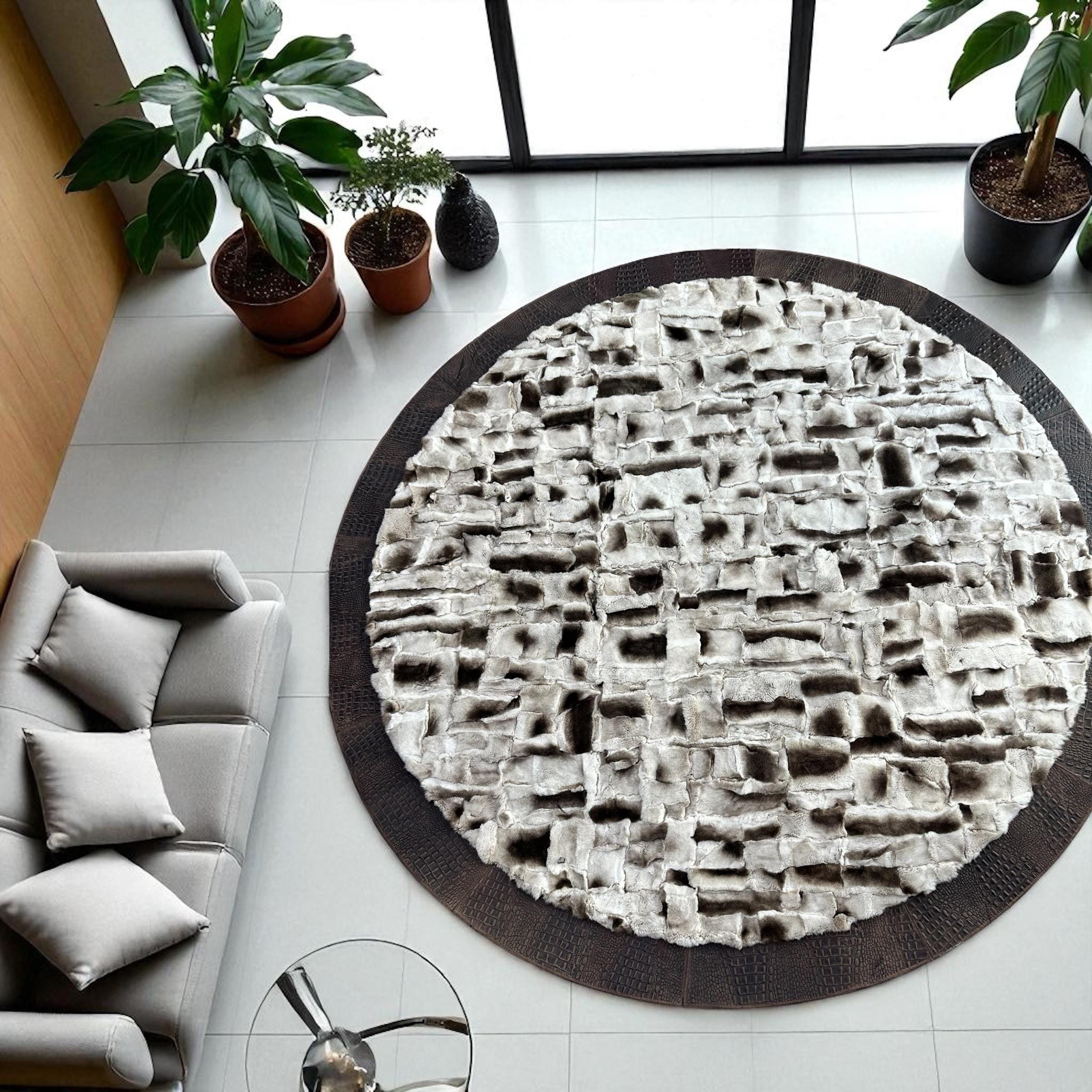 Grey Round Tuscan Rug, Handmade Textured Carpet, Living Room Round Carpet