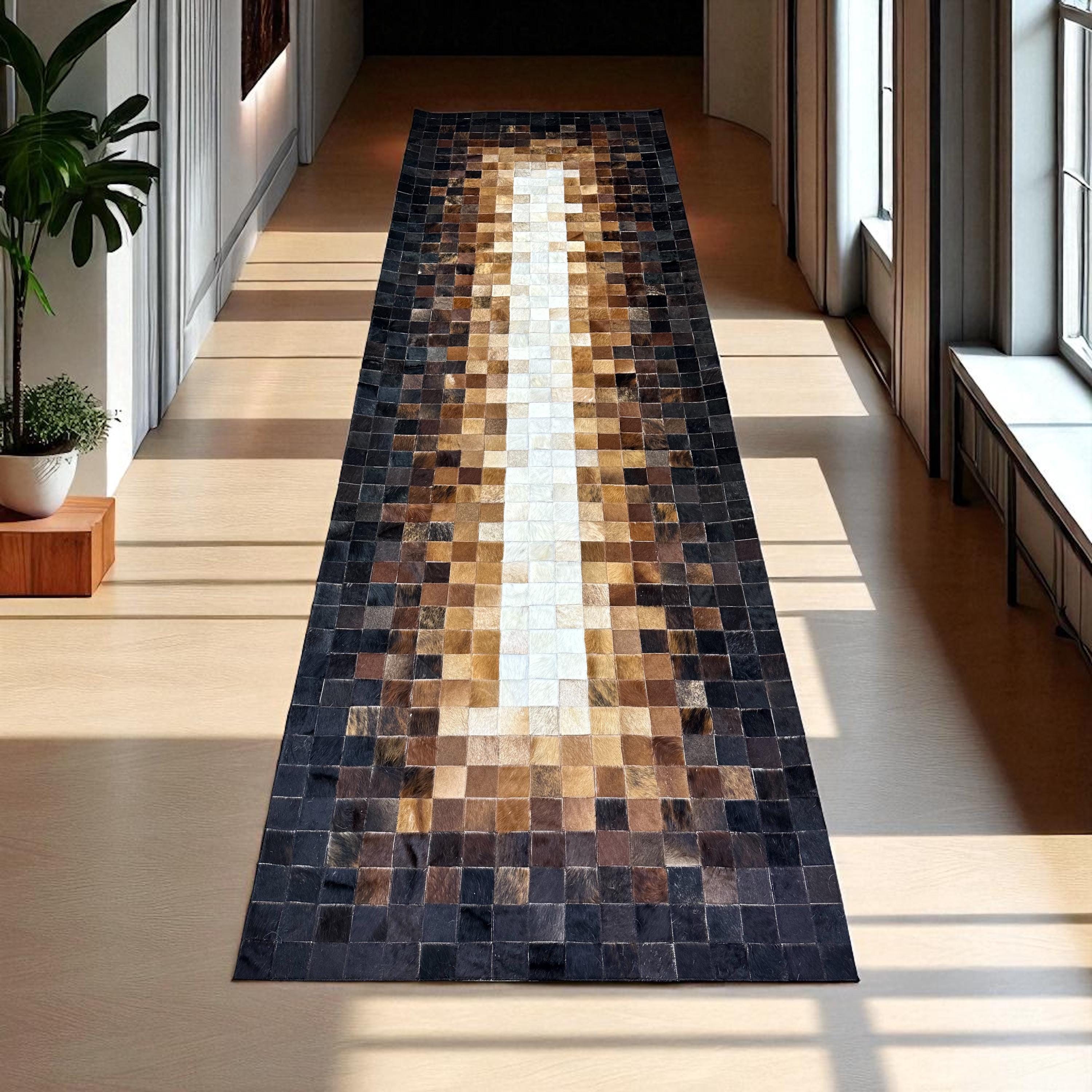 Ombre Cowhide Runner Rug in Brown Black and White, Long Patchwork Leather Hallway Carpet, Narrow Ombre Area Rug for Entryway or Living Room