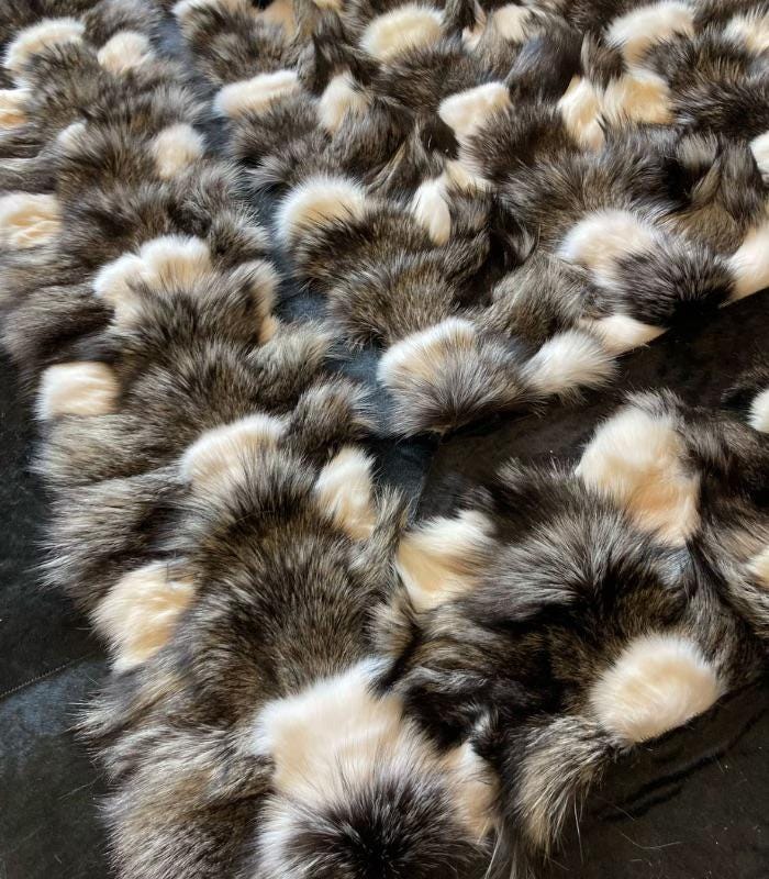 Luxury Fox Fur Area Rug in Black White and Grey, Long Hair Shaggy Rectangular Carpet, Real Fur Handmade Statement Rug for Living Room Decor