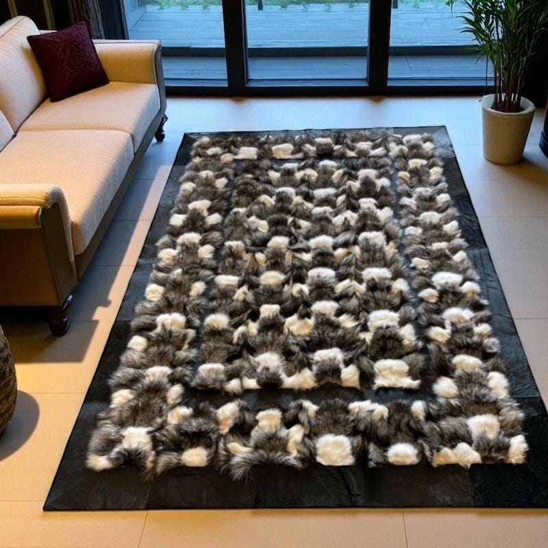 Luxury Fox Fur Area Rug in Black White and Grey, Long Hair Shaggy Rectangular Carpet, Real Fur Handmade Statement Rug for Living Room Decor
