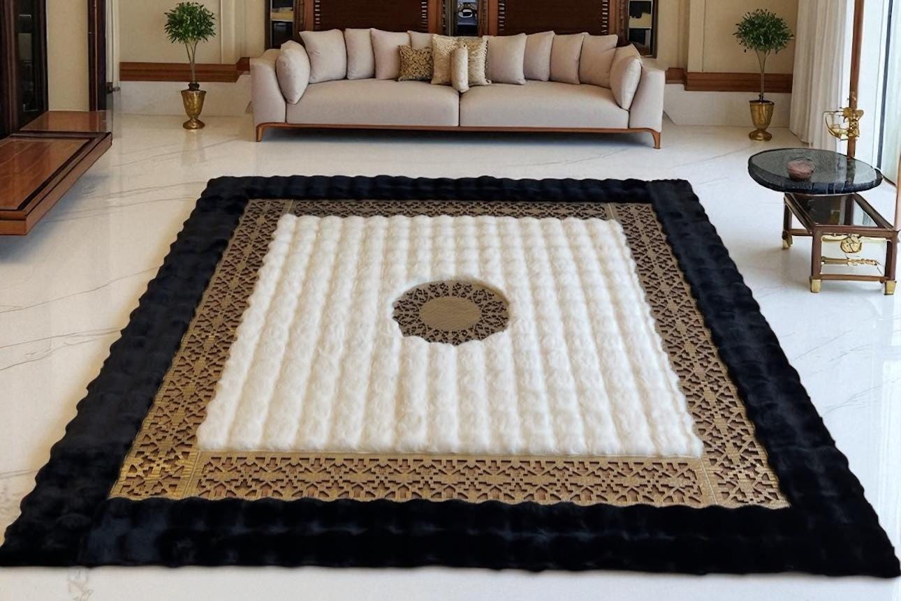 Luxury Plush Area Rug with Black Border and Gold Pattern, Luxury Modern Carpet