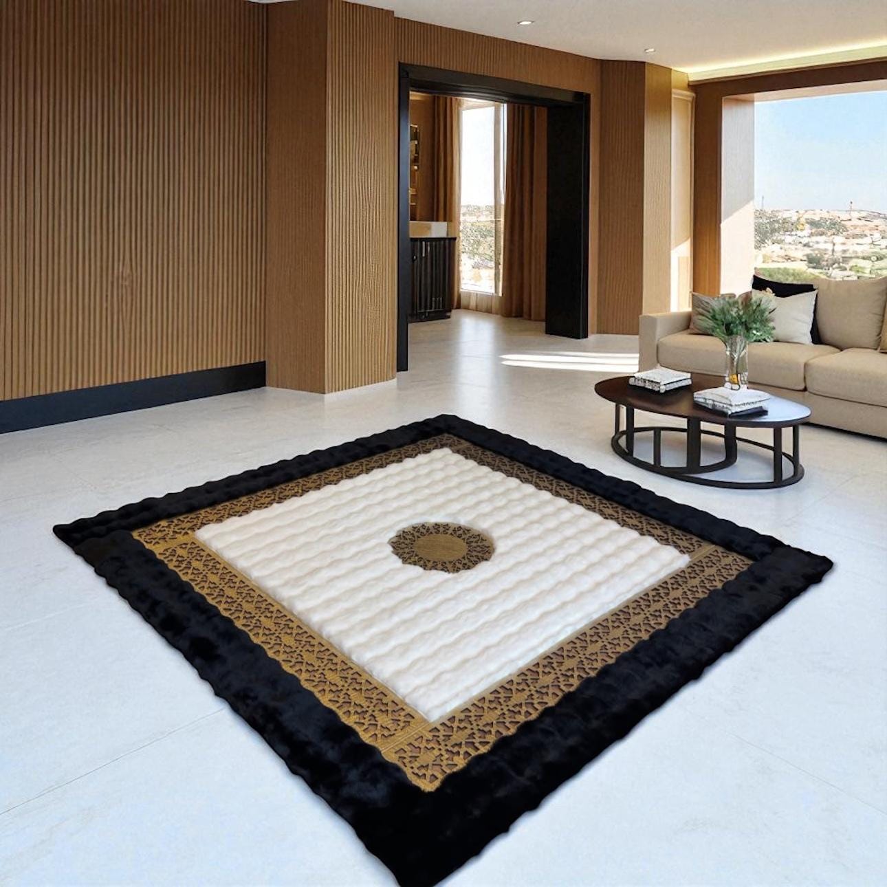 Luxury Plush Area Rug with Black Border and Gold Pattern