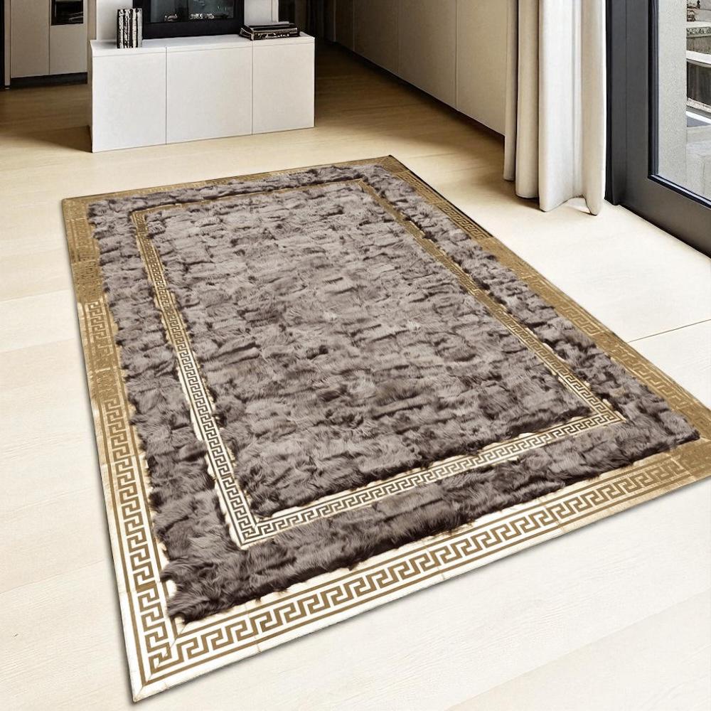 Toscana Sheepskin Rug with Gold Greek Border, Soft Fur Area Carpet for Living Room, Handmade Natural Rug, Custom Size Available