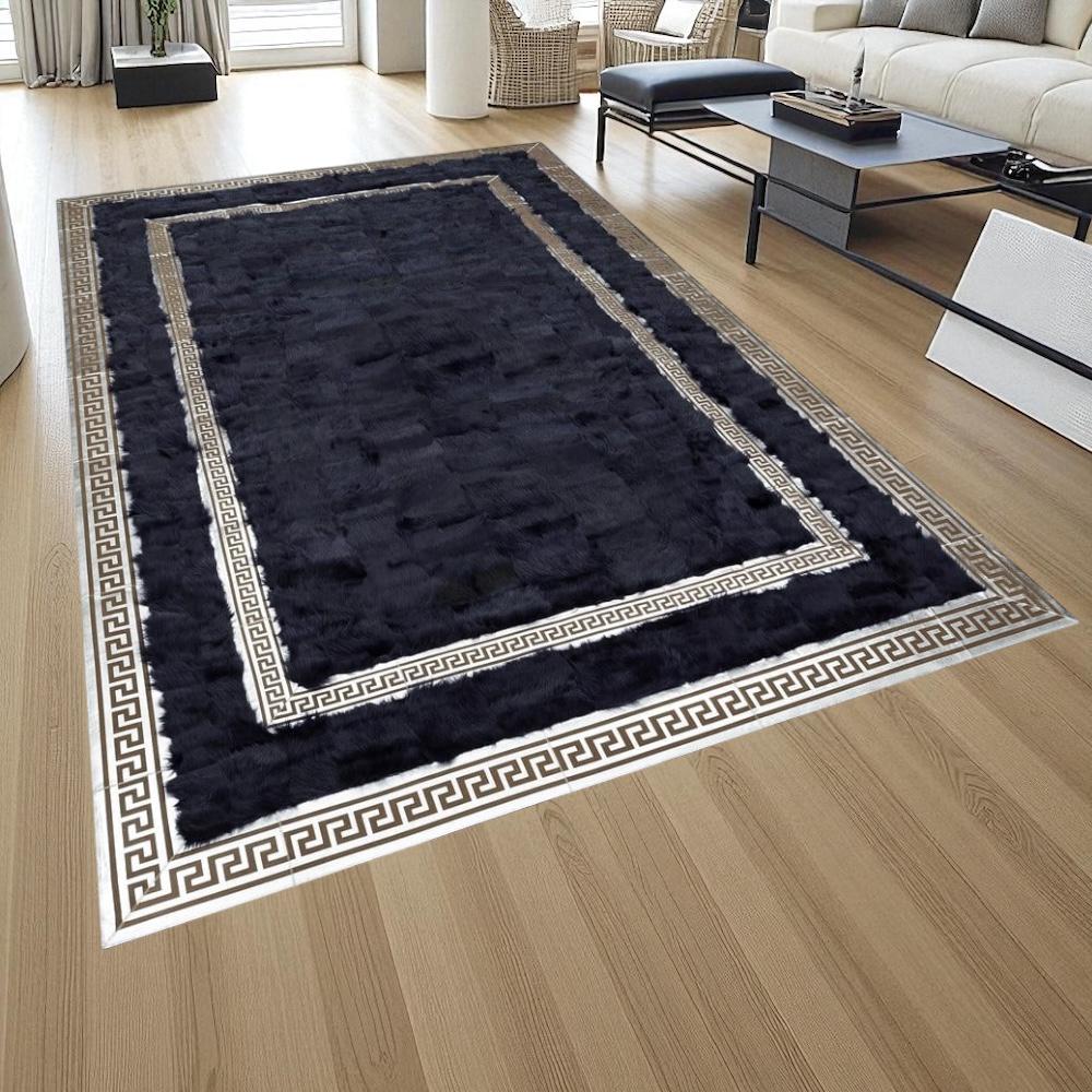 Black Toscana Sheepskin Rug with Greek Key Border, Custom Luxury Fur Carpet for Living Room or Office, Handmade Hallway Area Rug