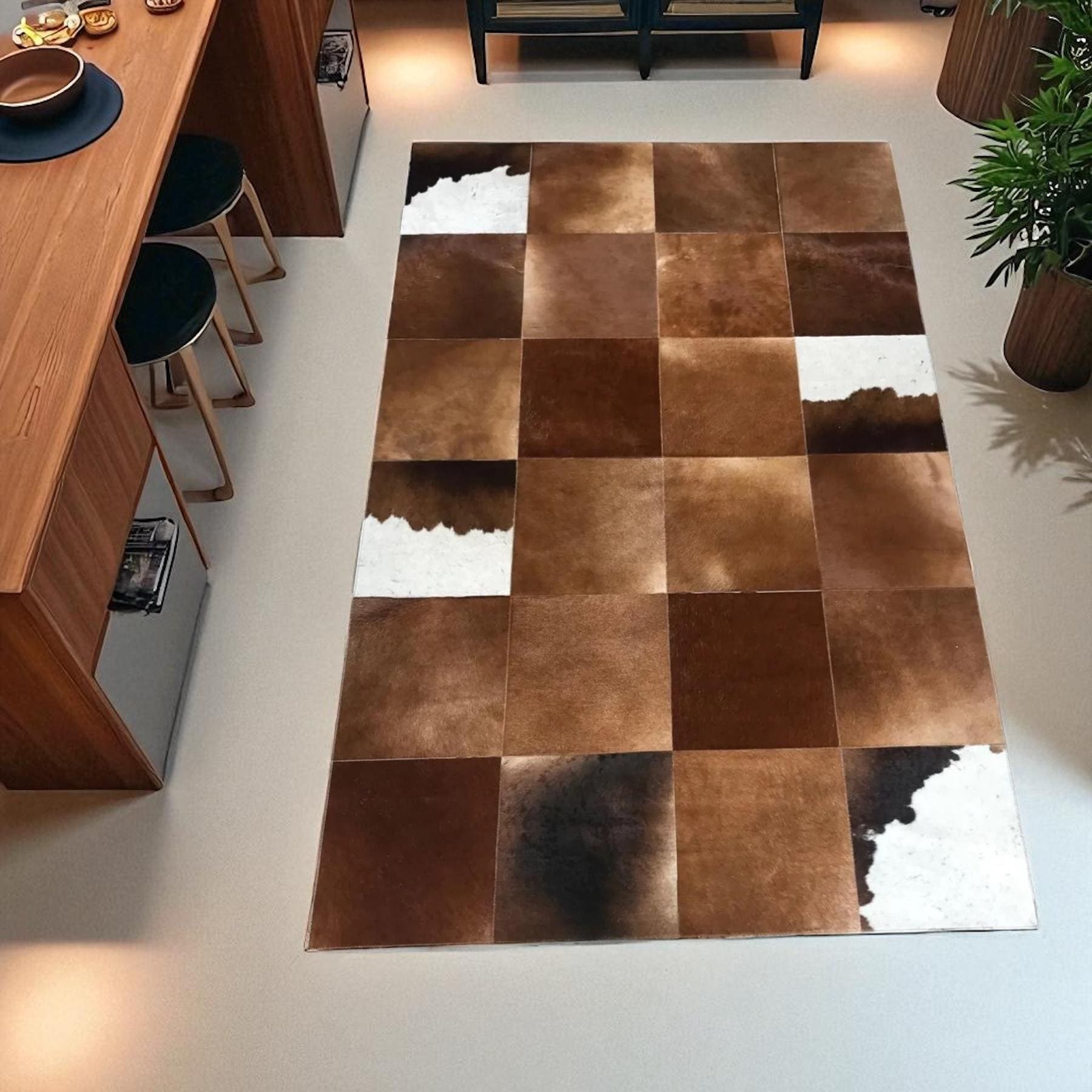 Brown and White Cowhide Patchwork Rug, Handmade Leather Area Rug for Living Room or Kitchen, Custom Size Natural Cow Skin Carpet