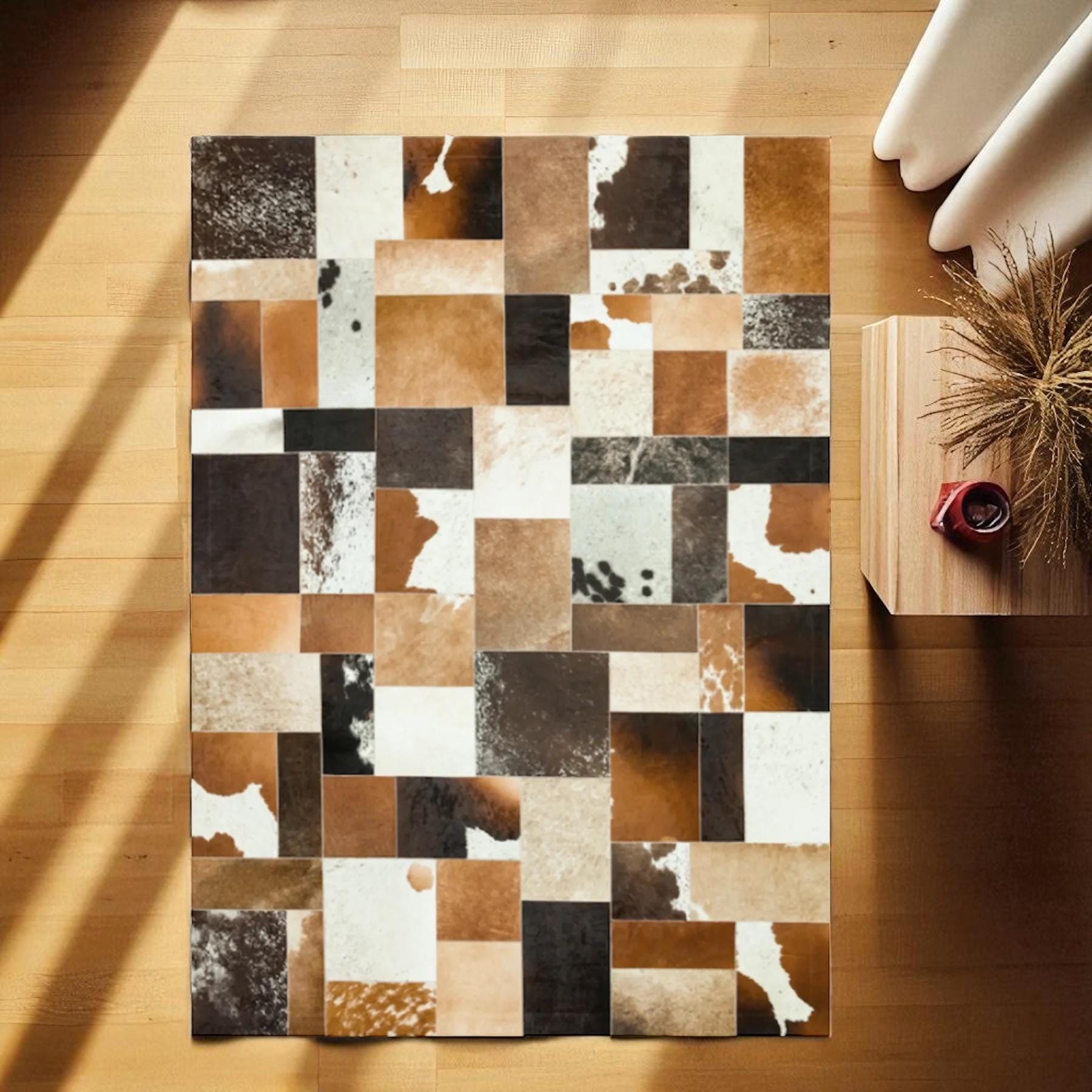 Brown and White Cowhide Patchwork Rug, Natural Leather Area Rug for Farmhouse & Rustic Home Decor, Handmade Custom Size Cowhide Carpet