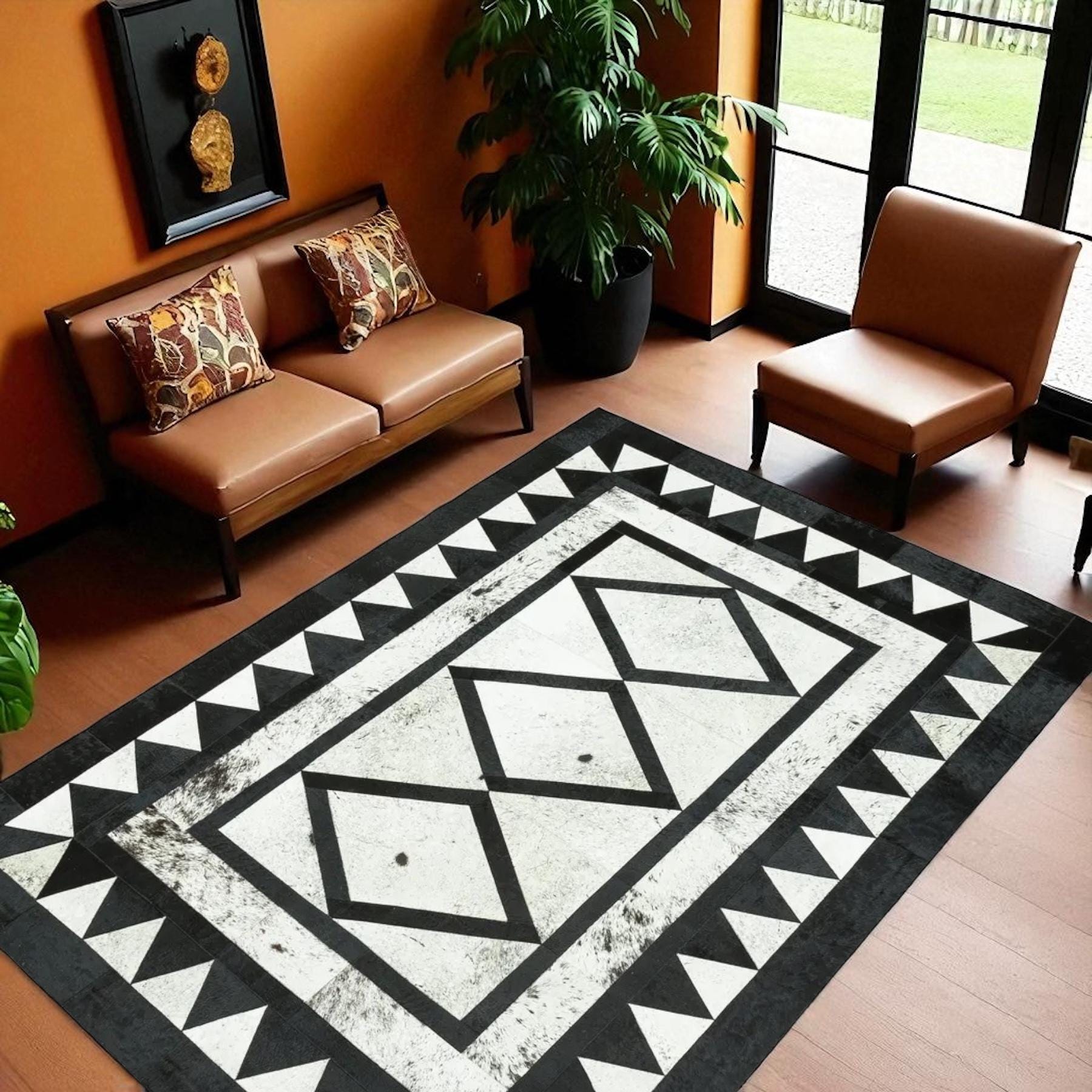 Black and White Cowhide Rug, Modern Patchwork Area Carpet, Real Leather Rug for Living Room, Handmade Cowhide Decor, Custom Size Available