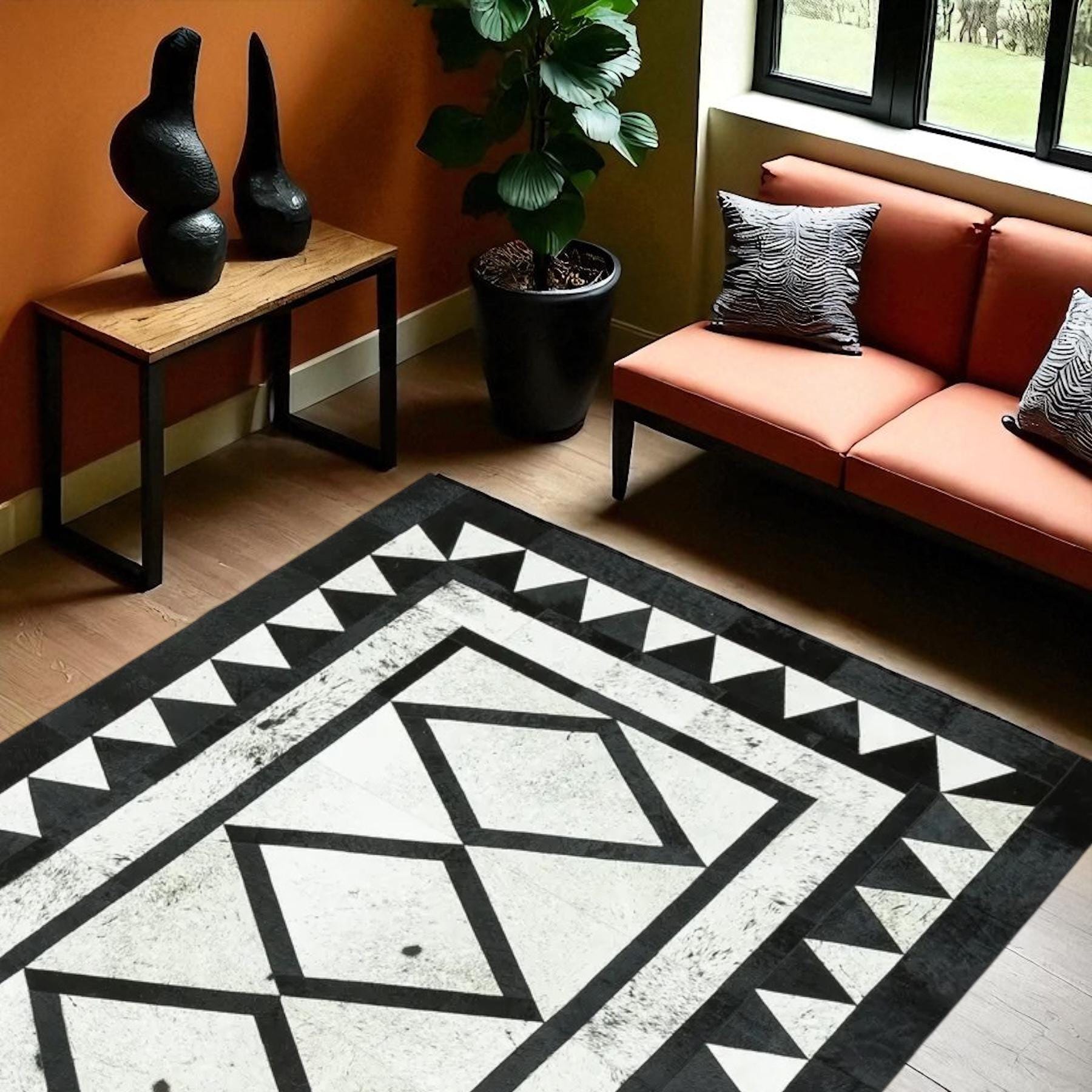 Black and White Cowhide Rug, Modern Patchwork Area Carpet, Real Leather Rug for Living Room, Handmade Cowhide Decor, Custom Size Available