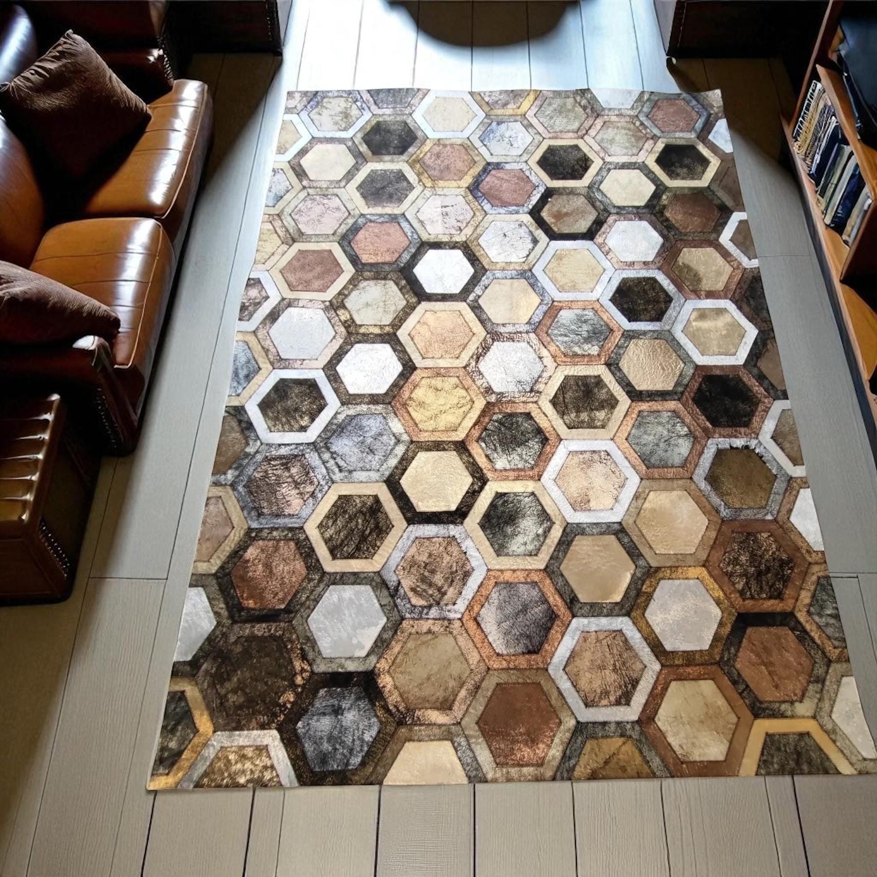 Hexagon Patchwork Cowhide Rug, Brown and Cream Leather Area Carpet, Natural Handmade Cowhide Decor, Custom Size Rustic Farmhouse Rug