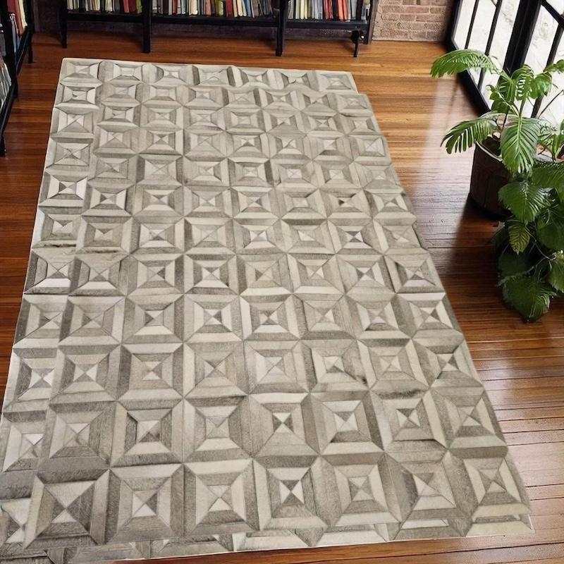 Gray Patchwork Cowhide Rug, Handmade Leather Area Rug, Natural Real Cowhide Carpet, Modern Custom Size Rug for Living Room or Office