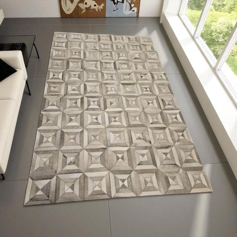 Gray Patchwork Cowhide Rug, Handmade Leather Area Rug, Natural Real Cowhide Carpet, Modern Custom Size Rug for Living Room or Office