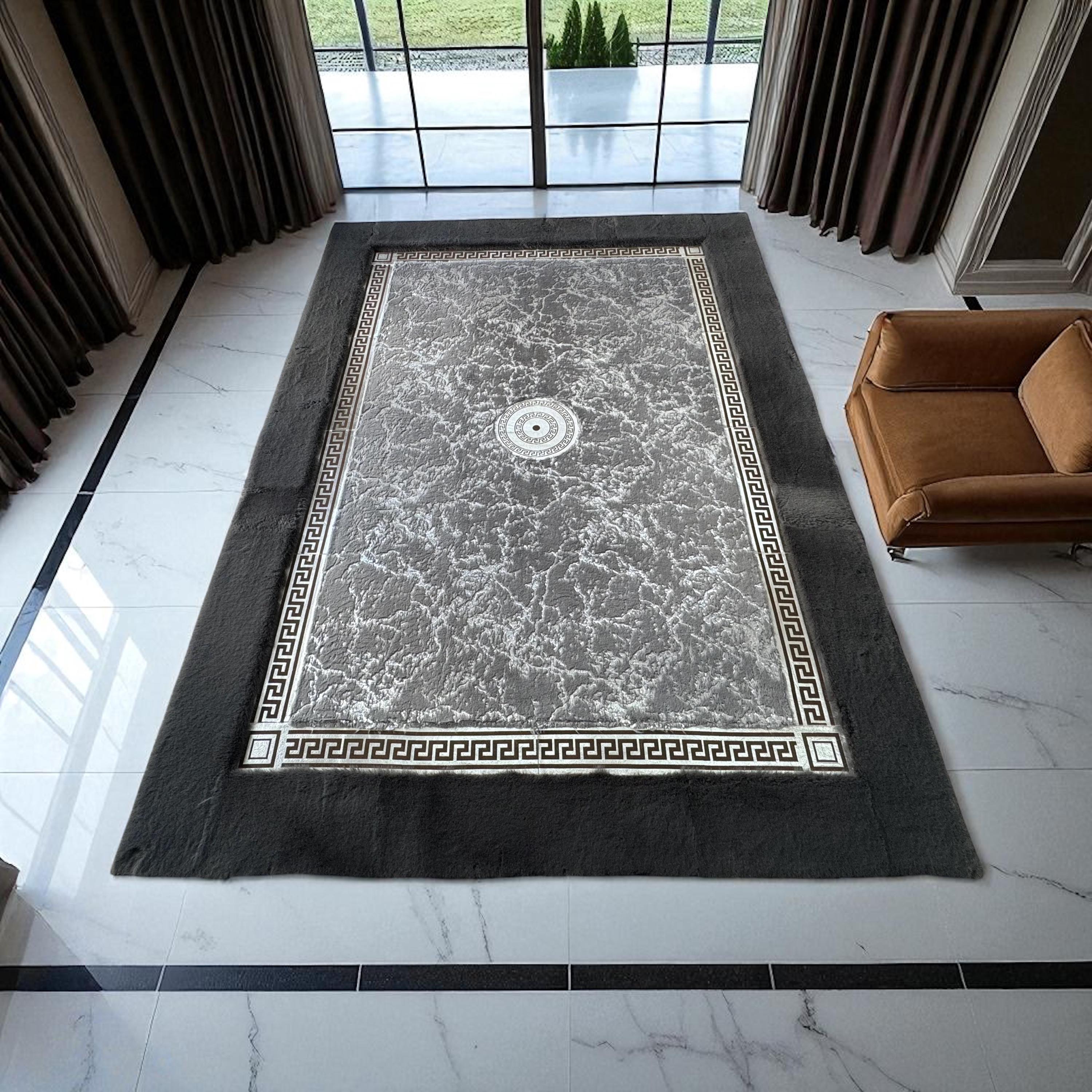Luxury Black Plush Rug with Marble Pattern,  Modern Living Room Carpet