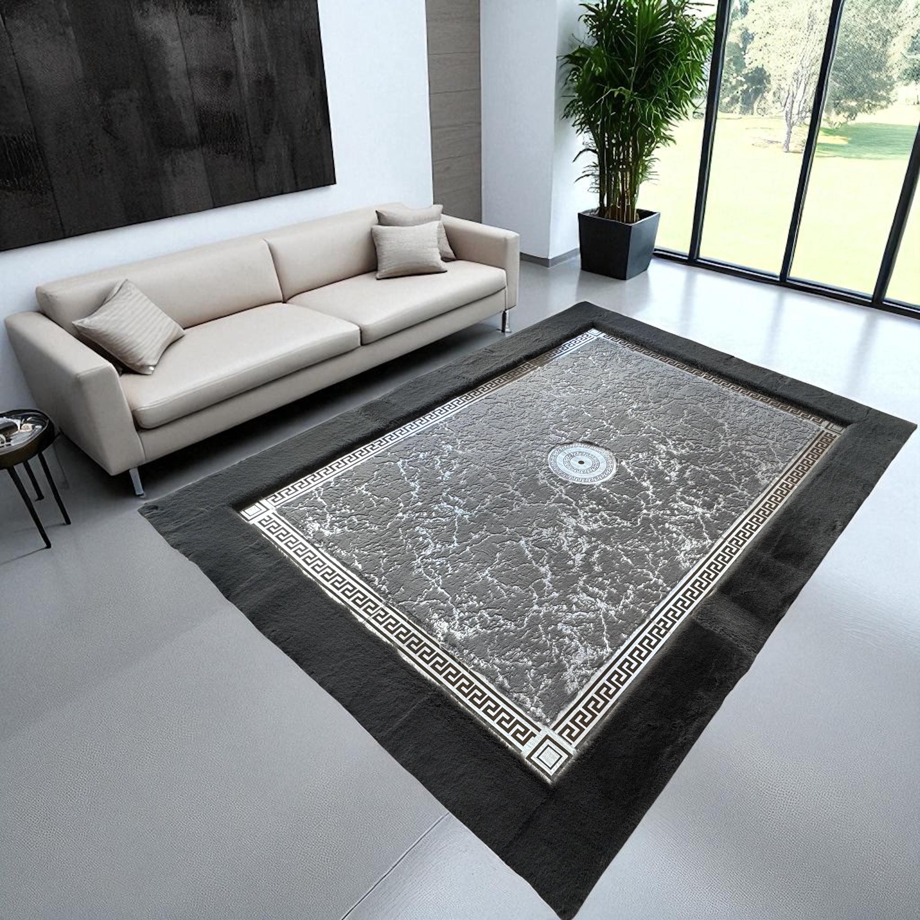 Luxury Black Plush Rug with Marble Pattern