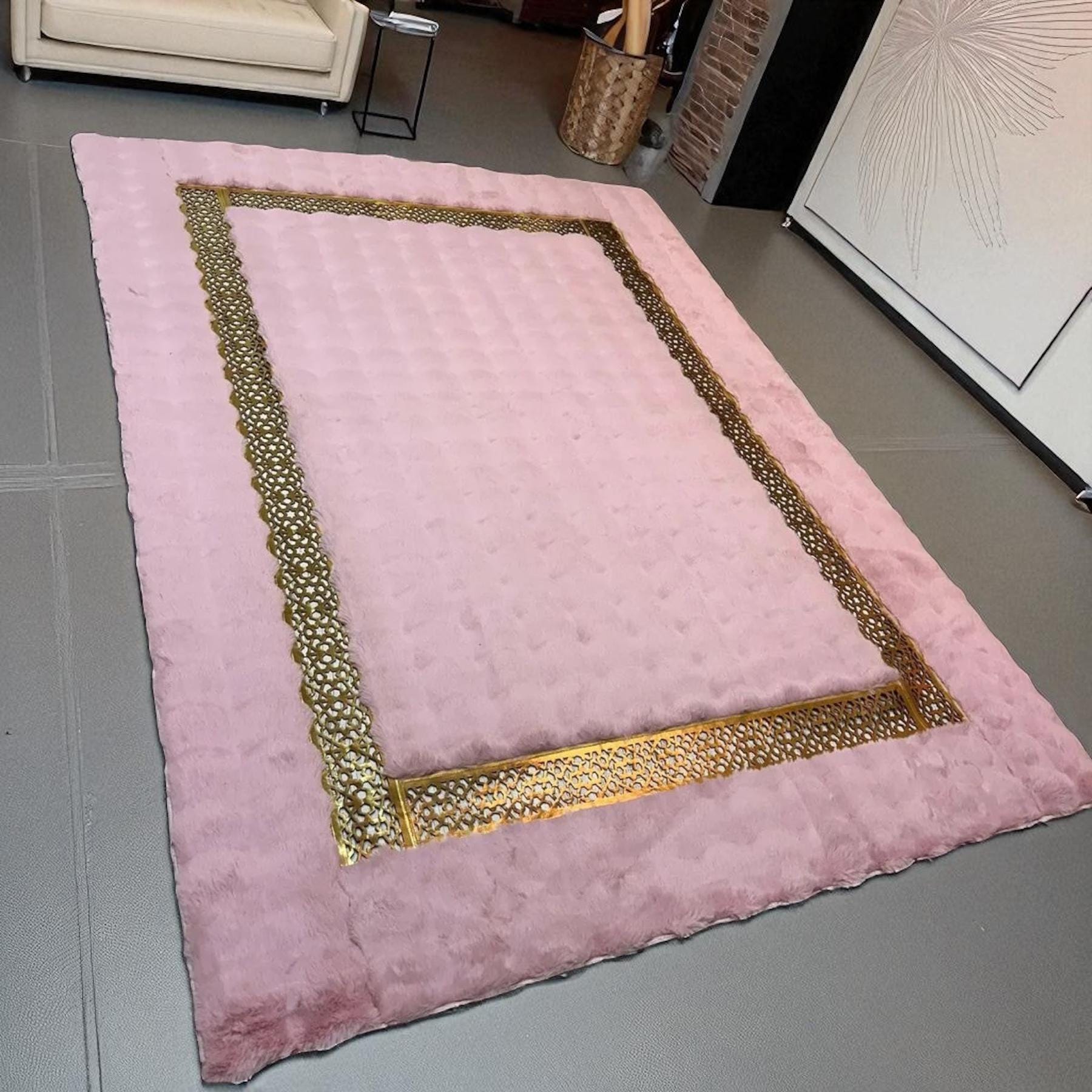 Soft Pink Plush Rug with Golden Border, Custom Size Area Rug
