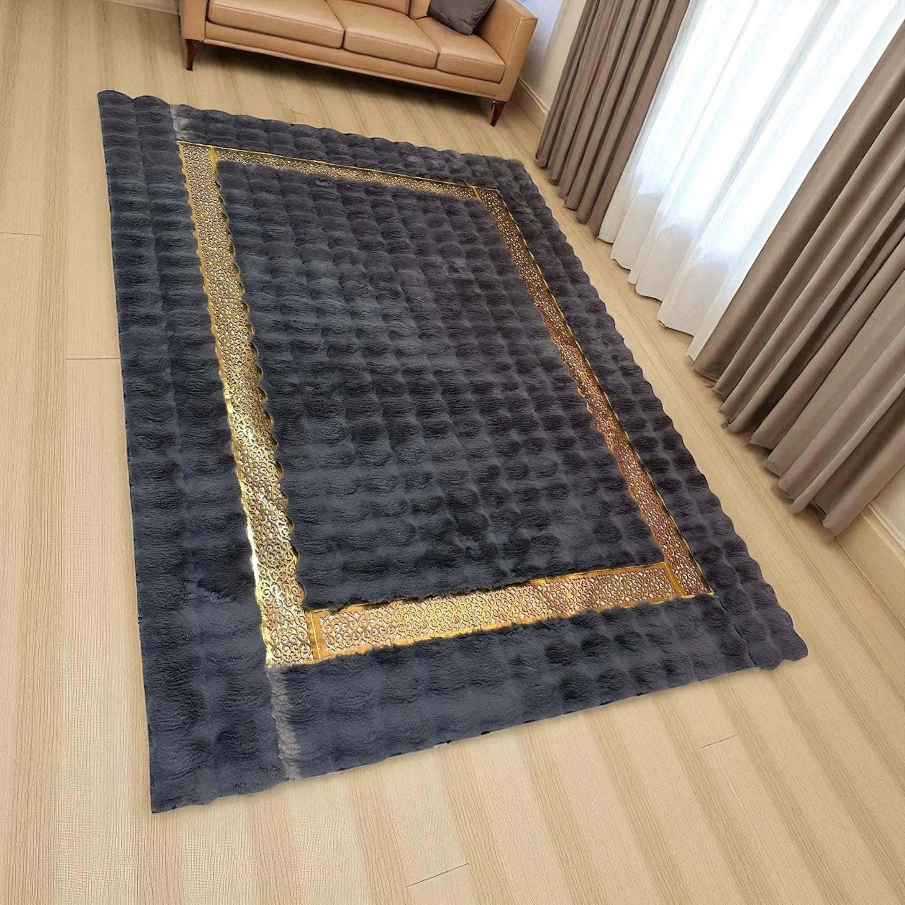 Plush Black and Gray Faux Fur Area Rug, Custom Size Shaggy Floor Rug