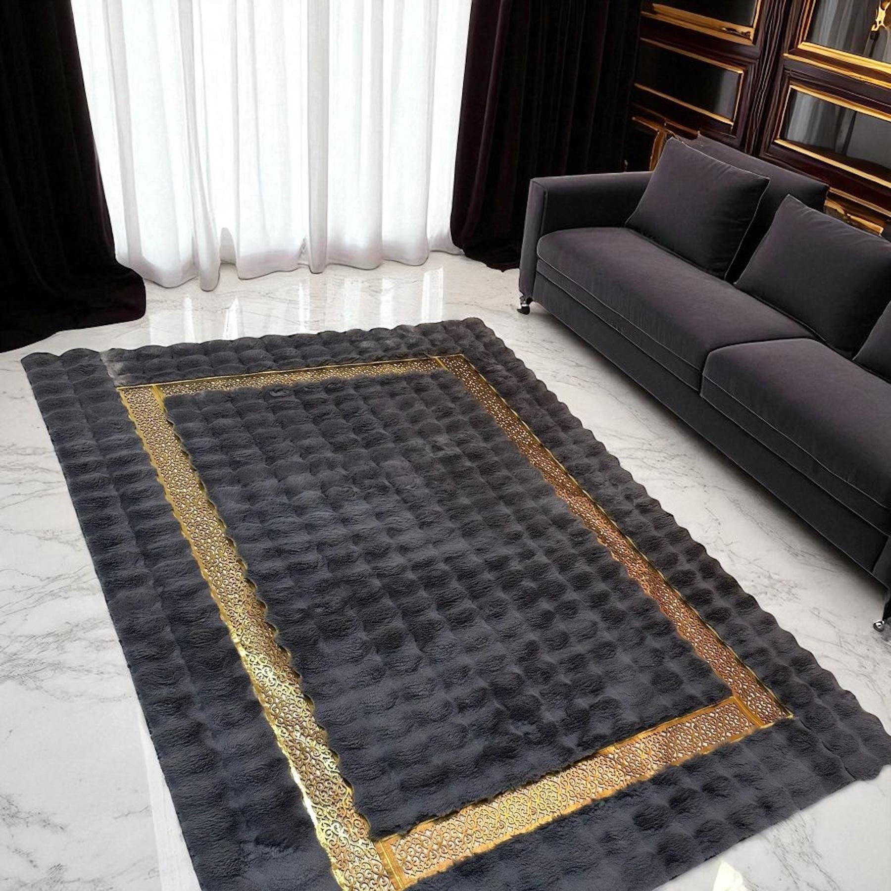 Plush Black and Gray Faux Fur Area Rug, Custom Size Shaggy Floor Rug