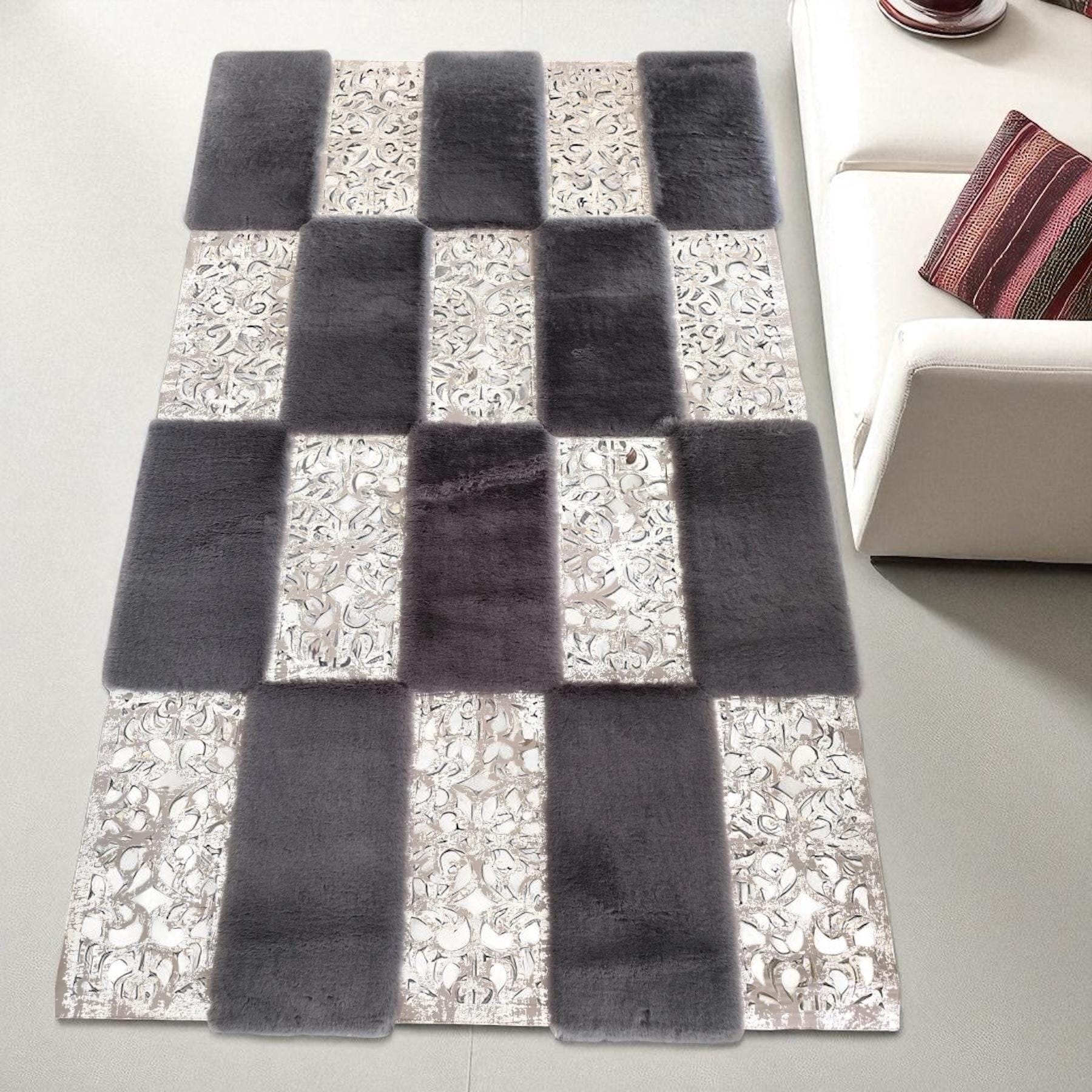 Gray and Silver Patchwork Cowhide Rug – Soft and Elegant Leather Carpet for Modern Living Room, Custom Size Natural Hair on Hide Rug