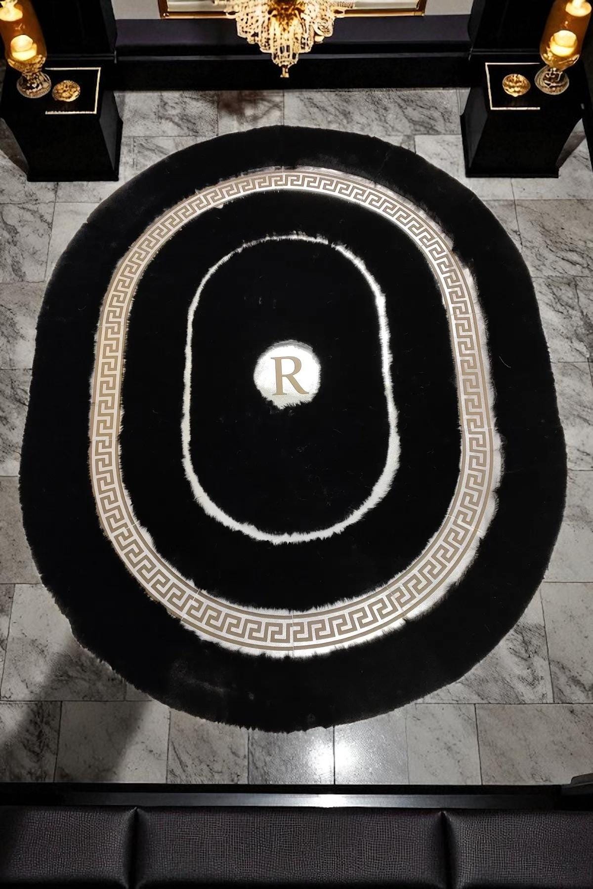 Personalized Initial Black Plush Rug, Custom Letter Carpet, Oval Plush Area Rug