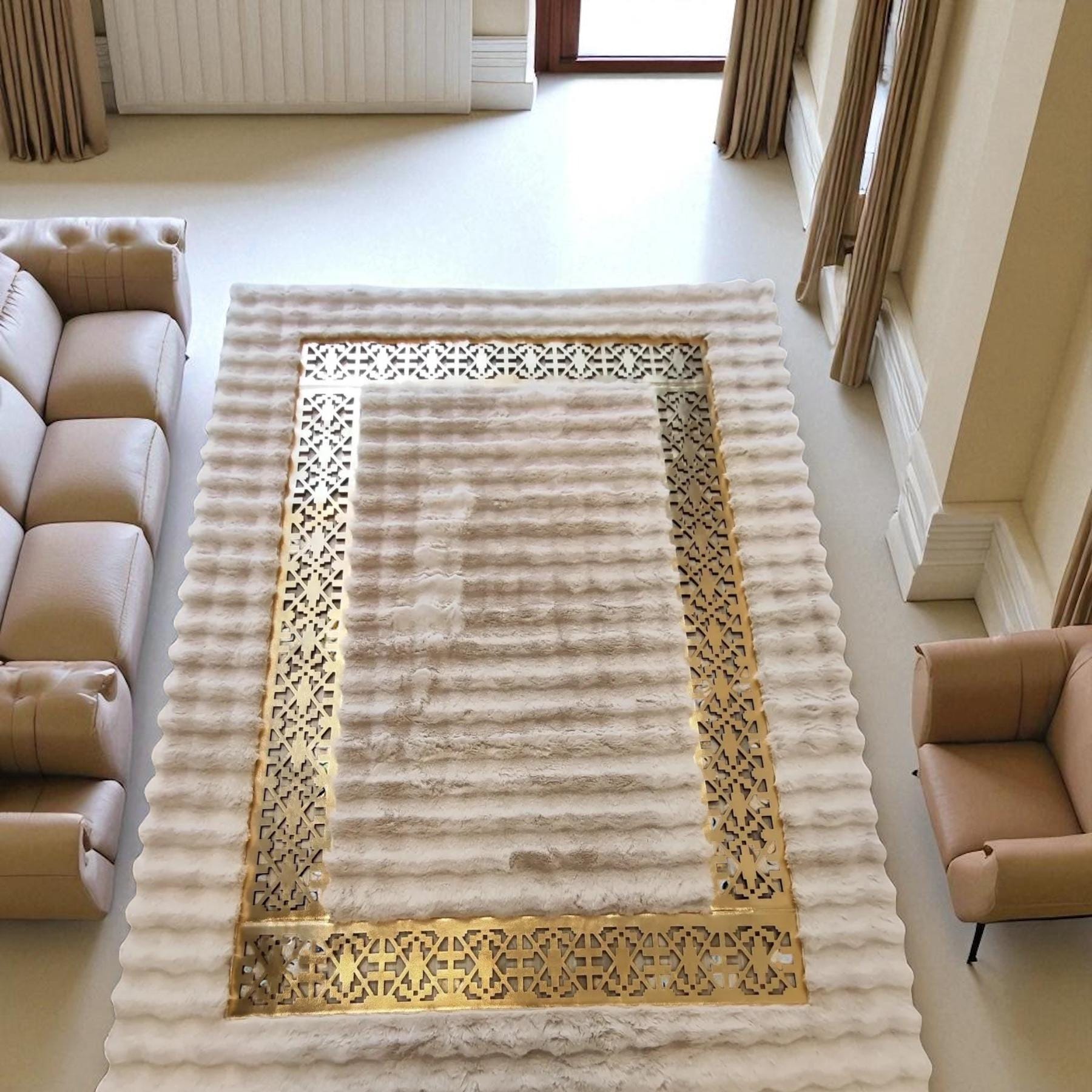 Cream Plush Area Rug with Gold Border, Non-Slip Luxury Rug for Living Room or Bedroom, Custom Size