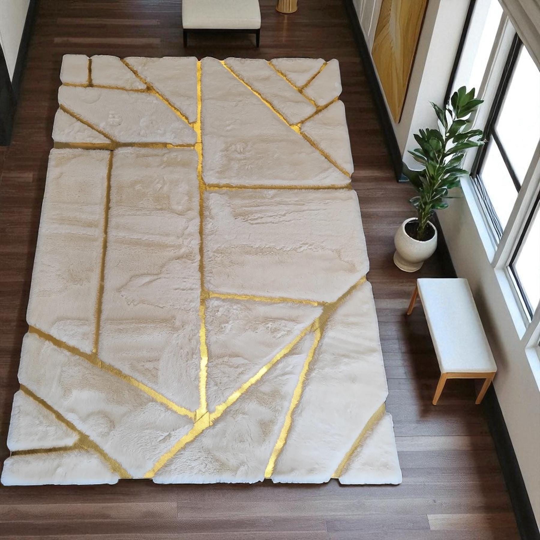 Beige Plush Area Rug, Gold Line Pattern Carpet, Soft Fur Rug for Living Room, Modern Custom Size Rug