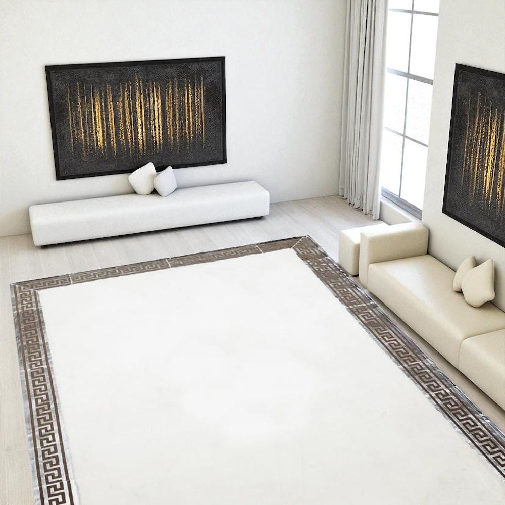 White Plush Rug, Greek Border Soft Area Rug, Modern Non Slip Carpet, Custom Size Fluffy Rug
