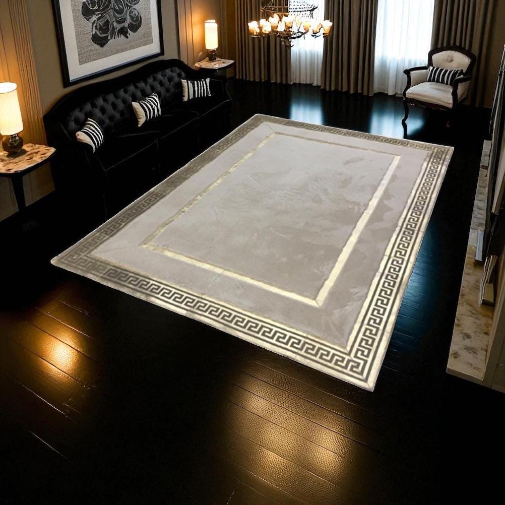 Beige Greek Border Plush Rug, Soft Gold Line Area Carpet, Custom Size Living Room Rug