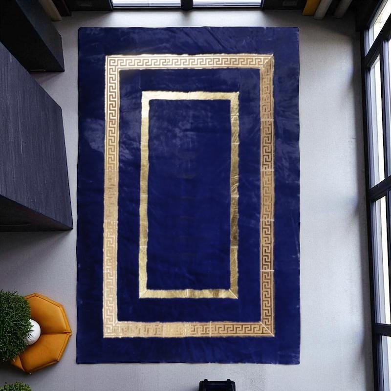 Navy Blue Plush Area Rug with Gold Border, Faux Fur Greek Key Carpet, Custom Size Soft Living Room Rug