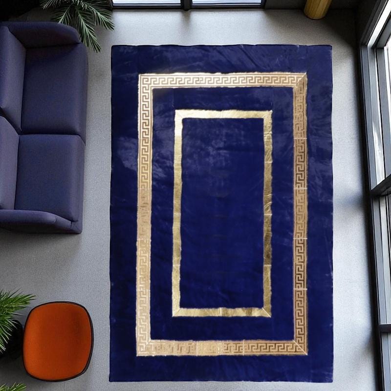 Navy Blue Plush Area Rug with Gold Border, Faux Fur Greek Key Carpet, Custom Size Soft Living Room Rug