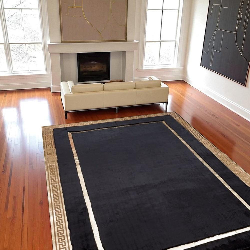 Black Plush Area Rug with Gold Greek Border, Soft Cozy Faux Fur Carpet, Custom Size Living Room Rug, Luxury Boho Decor Carpet