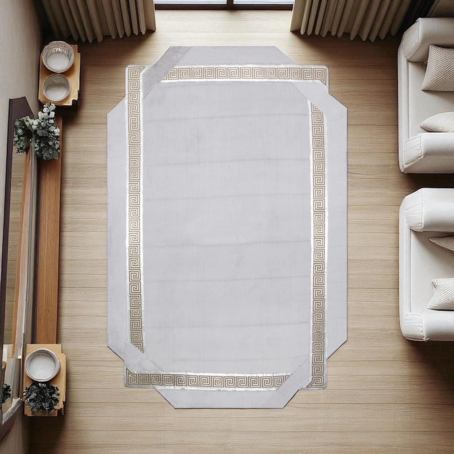 White Plush Rug with Gold Greek Border, Soft Faux Fur Carpet, Custom Size Luxury Area Rug for Living Room