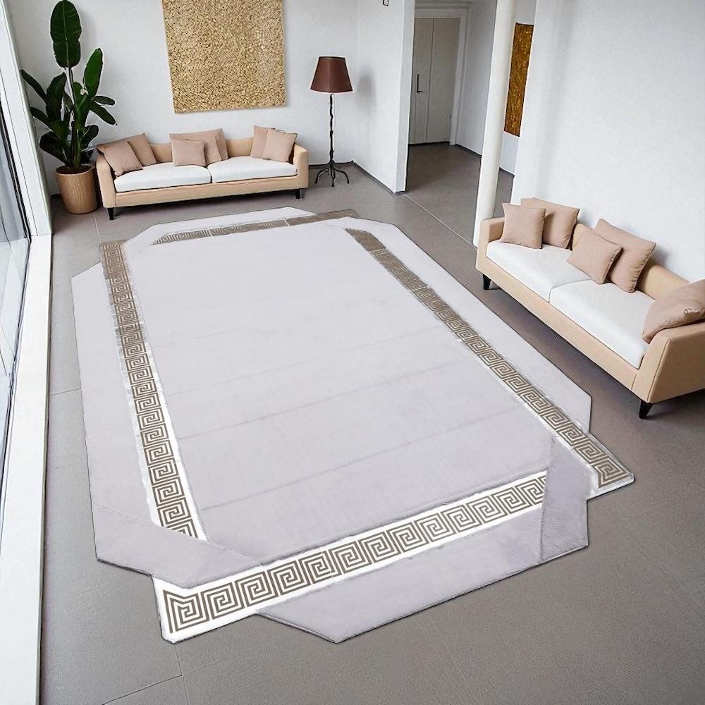 White Plush Rug with Gold Greek Border, Soft Faux Fur Carpet, Custom Size Luxury Area Rug for Living Room
