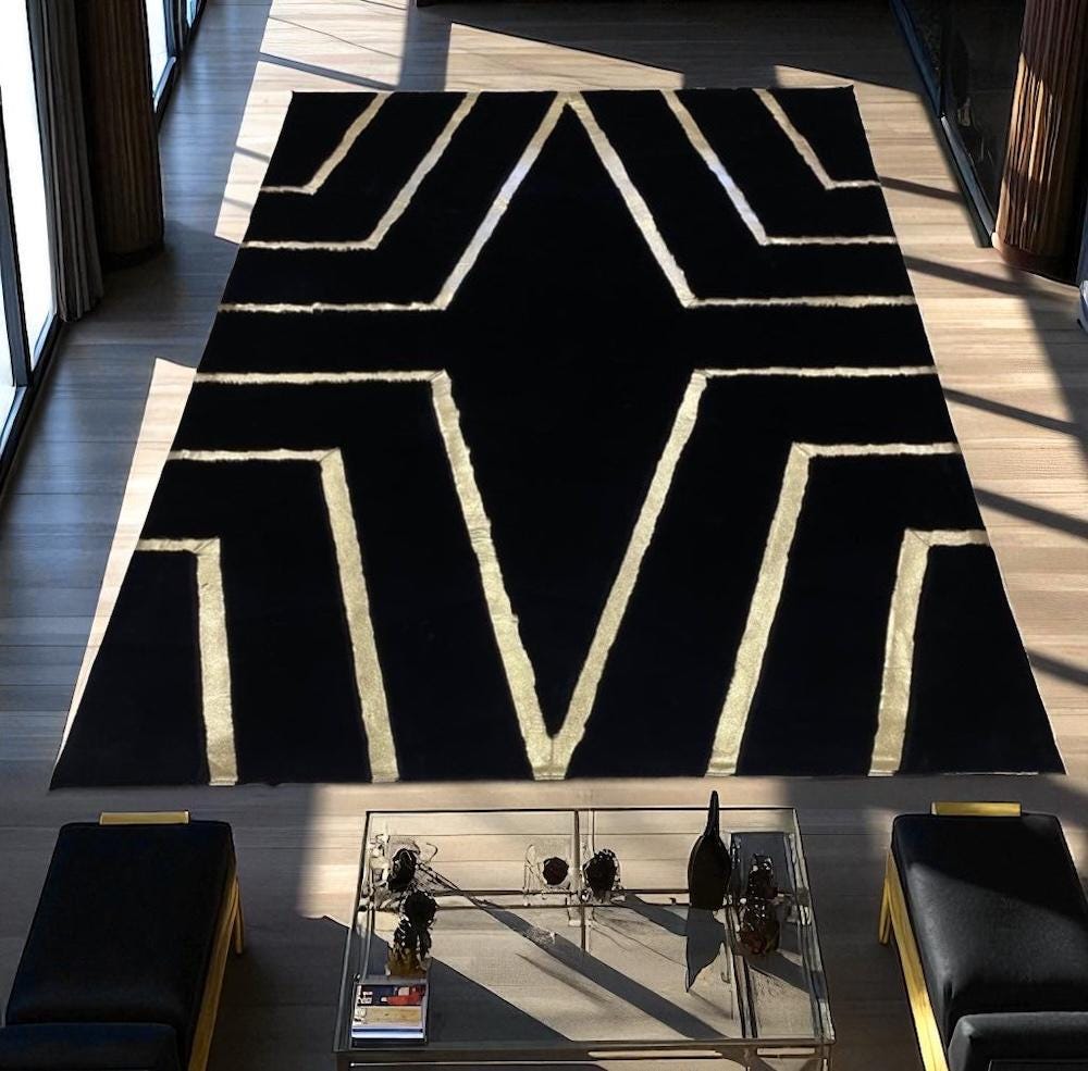 Black Faux Fur Area Rug | Custom Size Plush Carpet with Gold Geometric Lines |