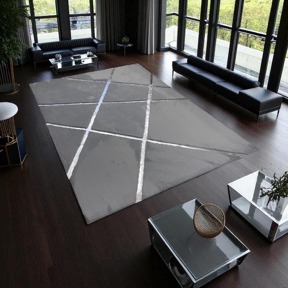 Gray Plush Area Rug with Silver Metallic Lines,Custom Size Faux Fur Carpet, Soft Modern Living Room Rug