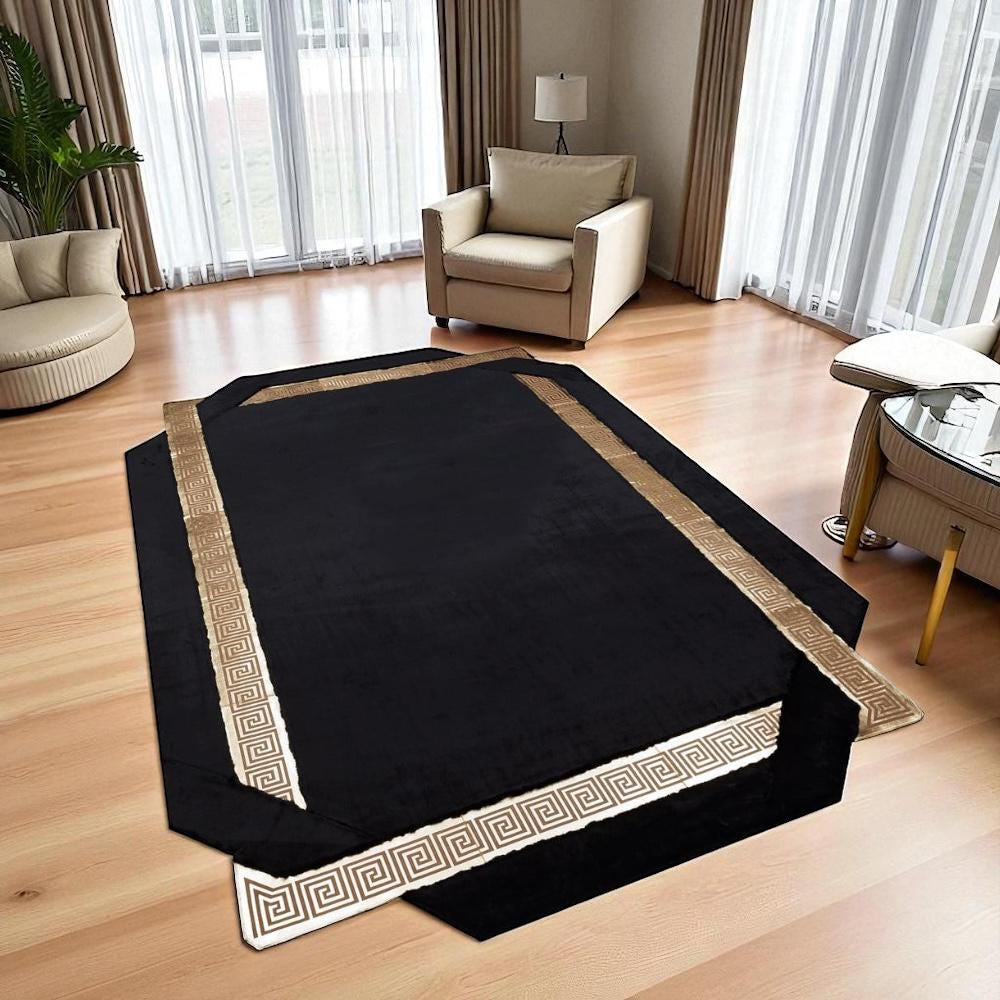 Black Gold Greek Border Plush Rug, Custom Size Soft Fluffy Carpet