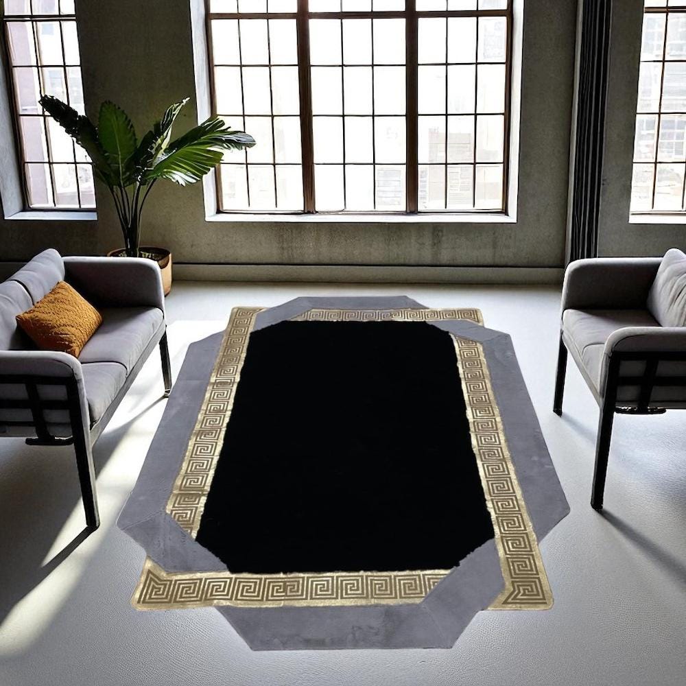 Black and Gray Faux Fur Area Rug, Greek Key Border Soft Plush Carpet, Custom Size Shaggy Living Room Rug