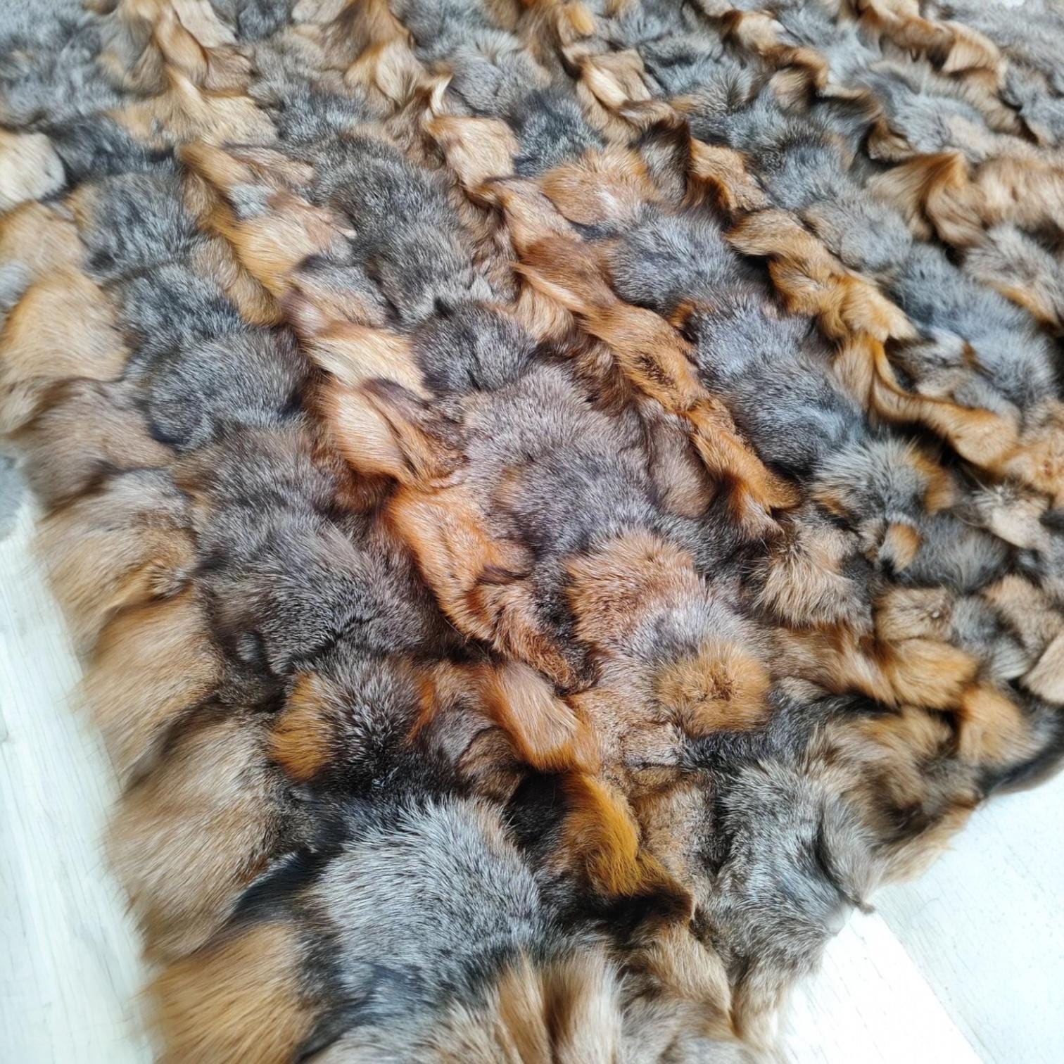 Luxury Fox Fur Area Rug in Brown and Gray, Long Hair Shaggy Rectangular Carpet, Real Fur Handmade Statement Rug for Living Room Decor