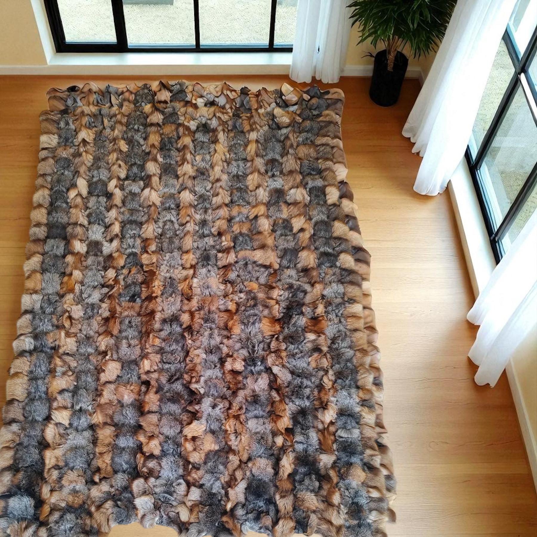 Luxury Fox Fur Area Rug in Brown and Gray, Long Hair Shaggy Rectangular Carpet, Real Fur Handmade Statement Rug for Living Room Decor