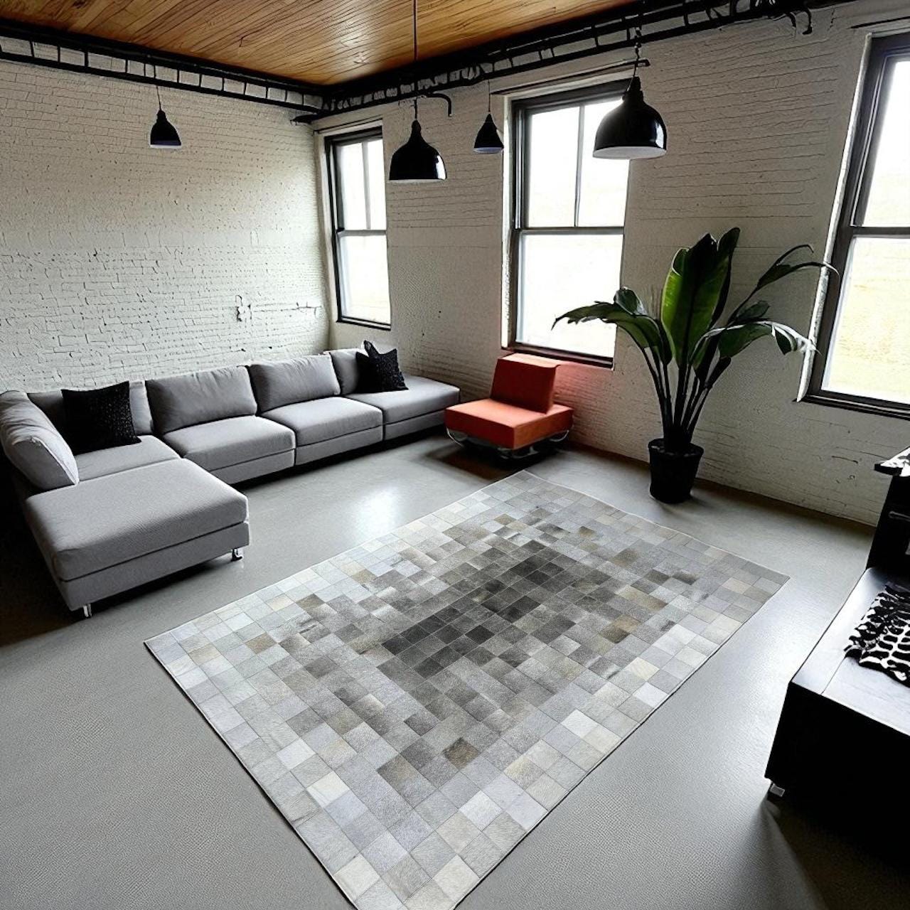 Modern Grey Ombre Cowhide Patchwork Rug, Handmade Leather Area Carpet, Natural Cowhide Rug for Living Room, Custom Size Available
